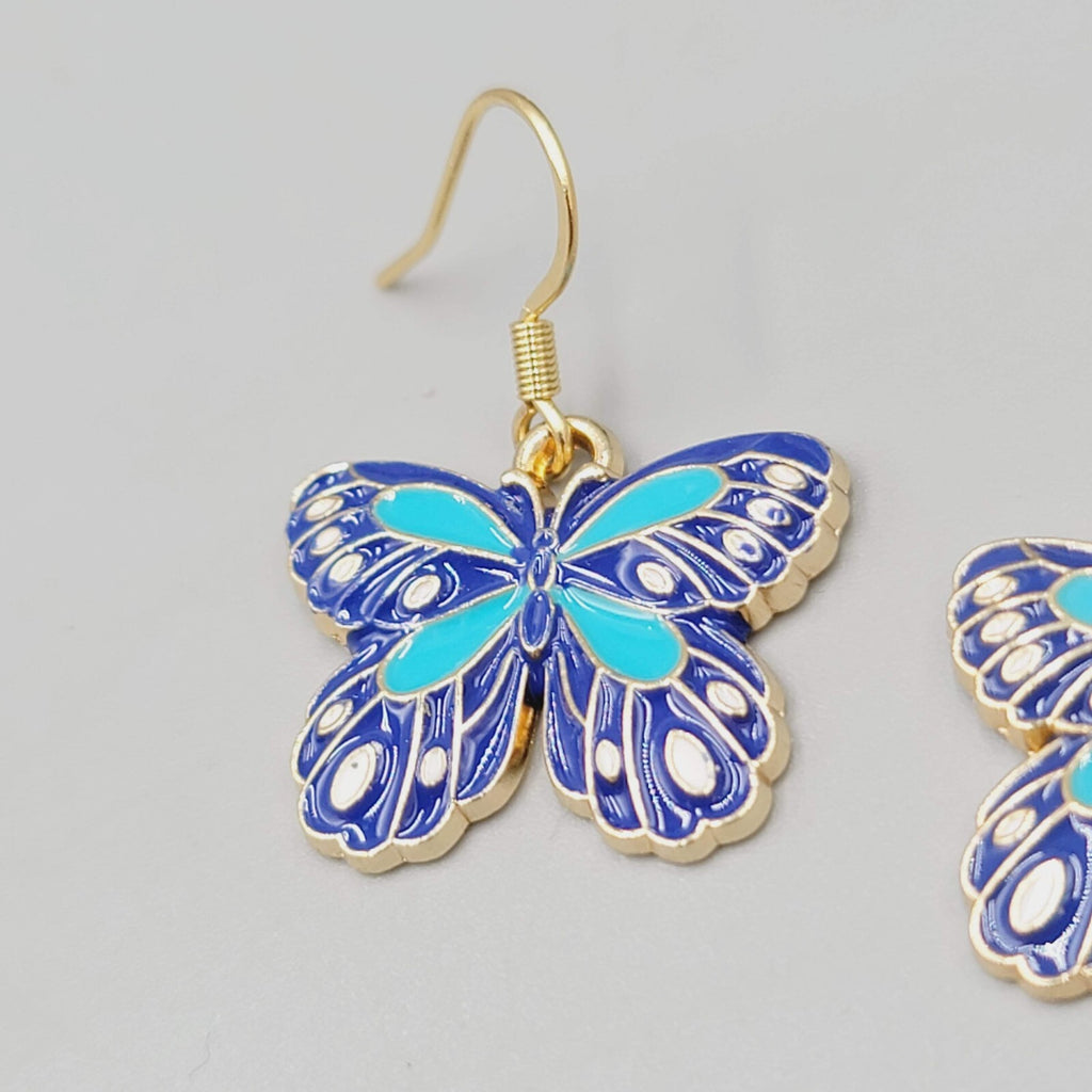 Blue Moth Enamel Pierced Earrings Gold tone Dangle Butterfly 3/4"