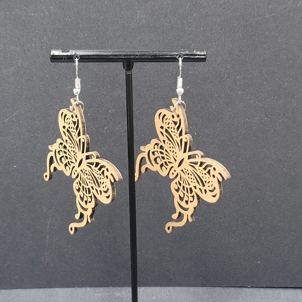 Butterfly Pierced Earrings Laser Cut Wood Dangle Statement 1.75"