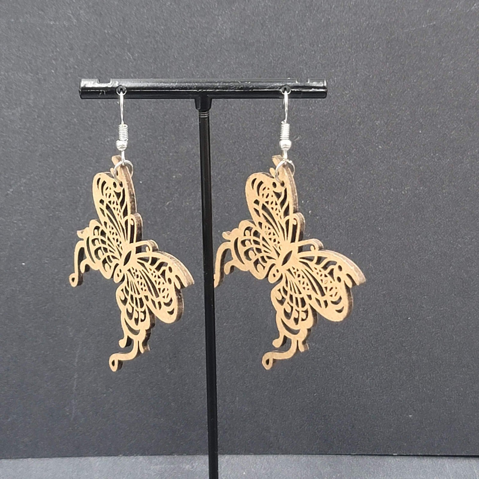 Butterfly Pierced Earrings Laser Cut Wood Dangle Statement 1.75"