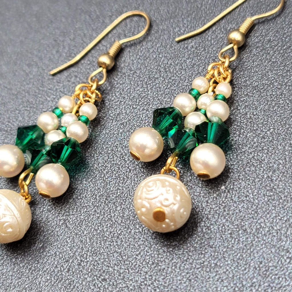 Vintage Pierced Earrings Faux Pearl Green Crystal Beads Dangle 1.5"