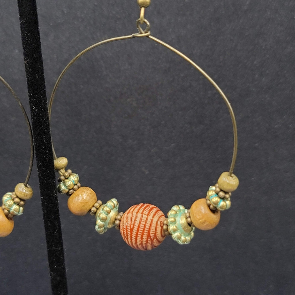 New Boho Pierced Earrings Gold tone Green Accent Wood Beaded Hoops 2"