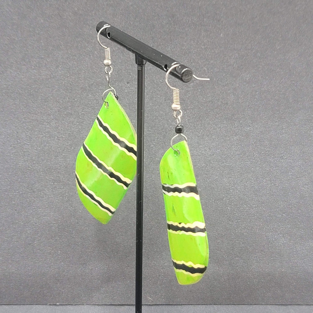 Pierced Earrings Silver tone Green Shell Hand Painted Dangle Acrylic 2.25"
