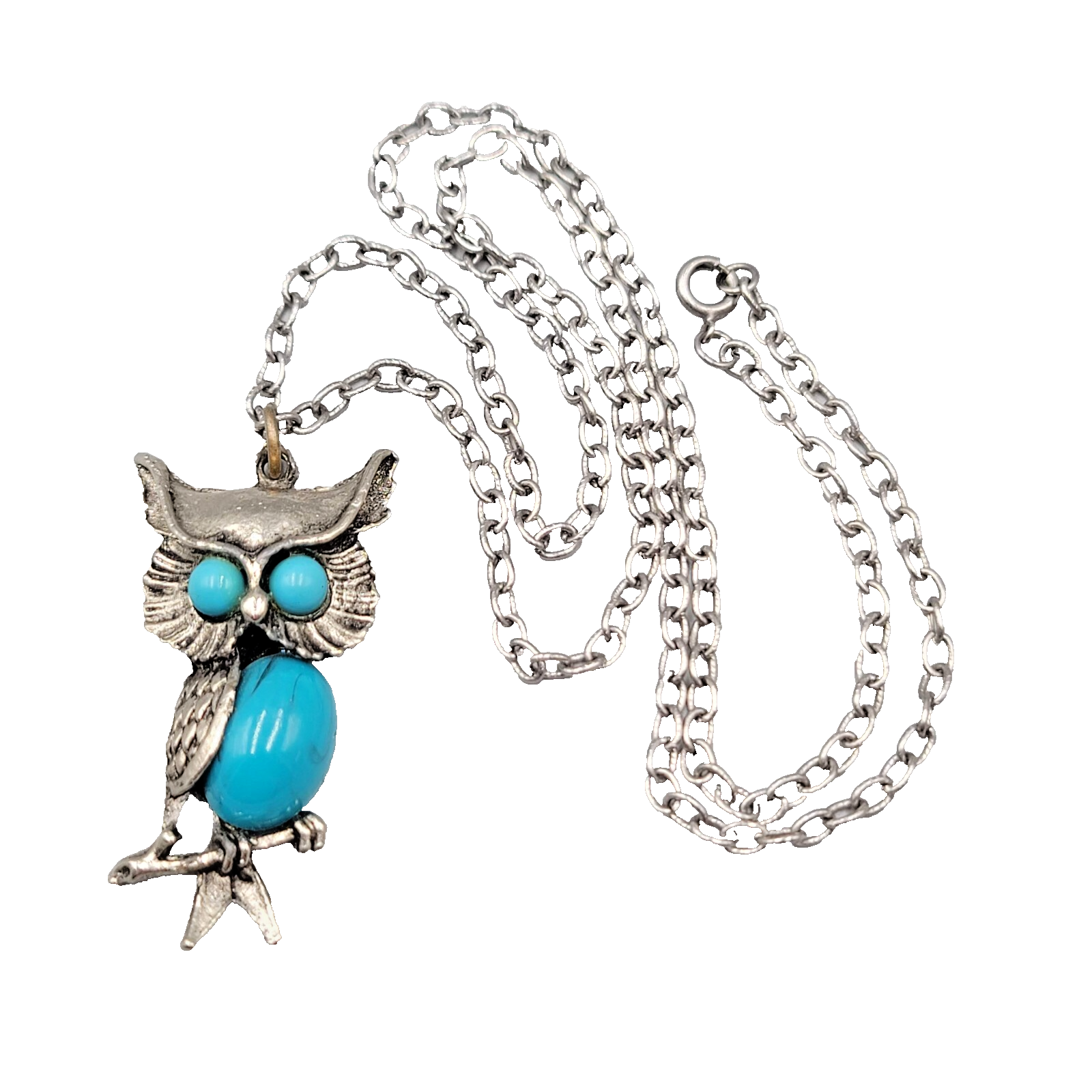 Vintage Owl Pendant Necklace Chain Silver tone Blue Cabochon Accents 24"