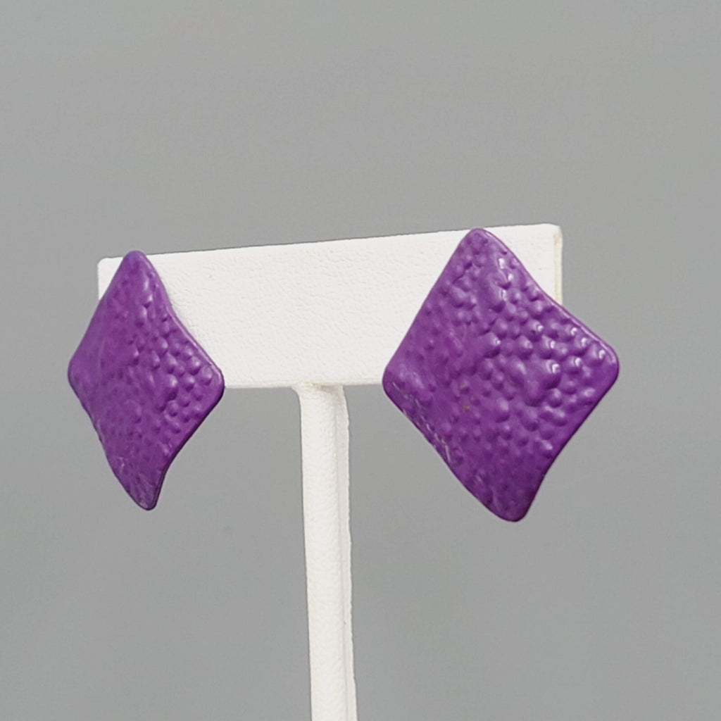 Vintage Purple Enamel Pierced Earrings Textured Metal Square Drop 1"
