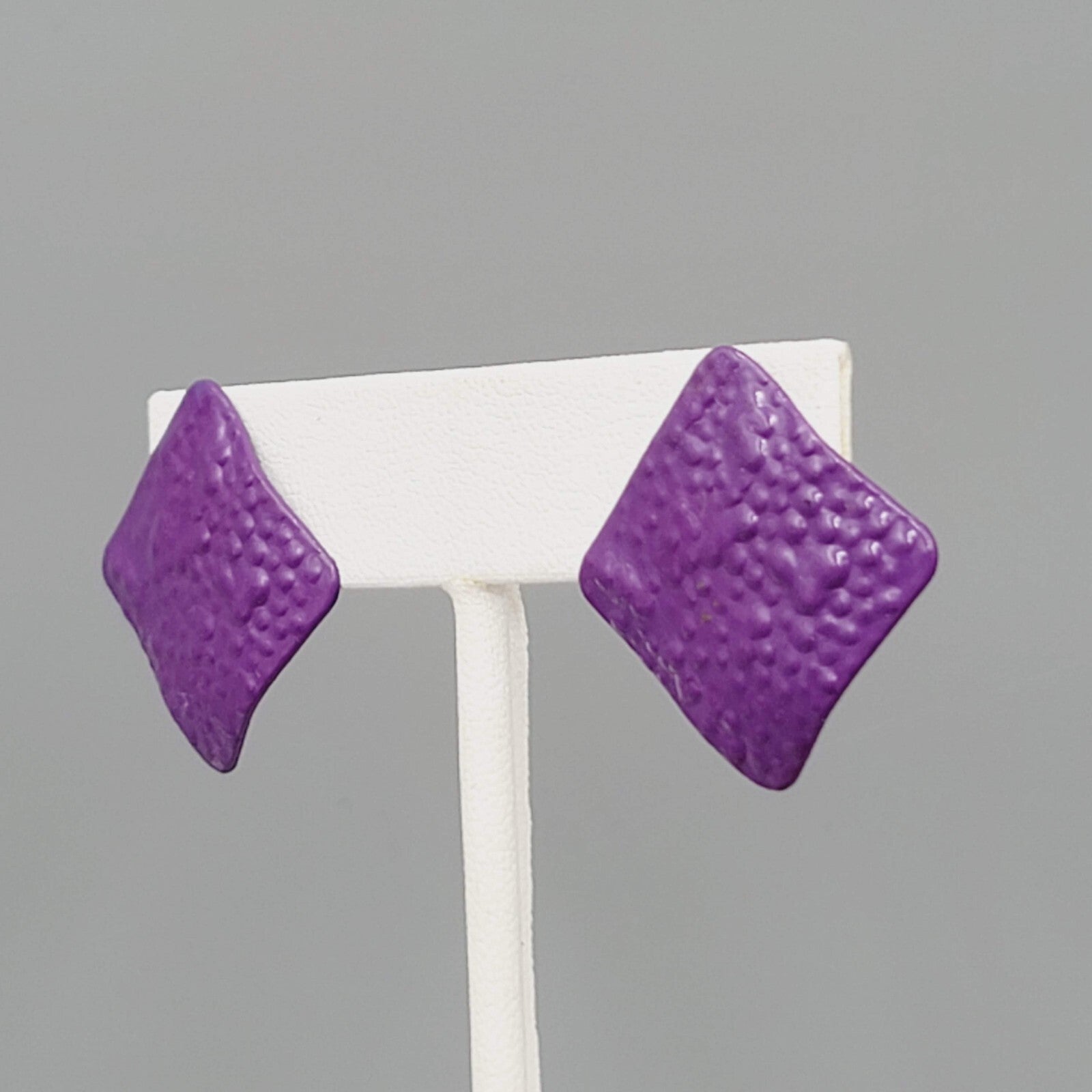 Vintage Purple Enamel Pierced Earrings Textured Metal Square Drop 1"