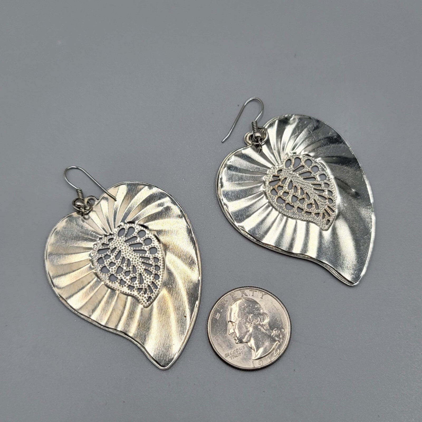 Large Statement Pierced Earrings Red Enamel Silver tone Filigree Dangle 2.25"