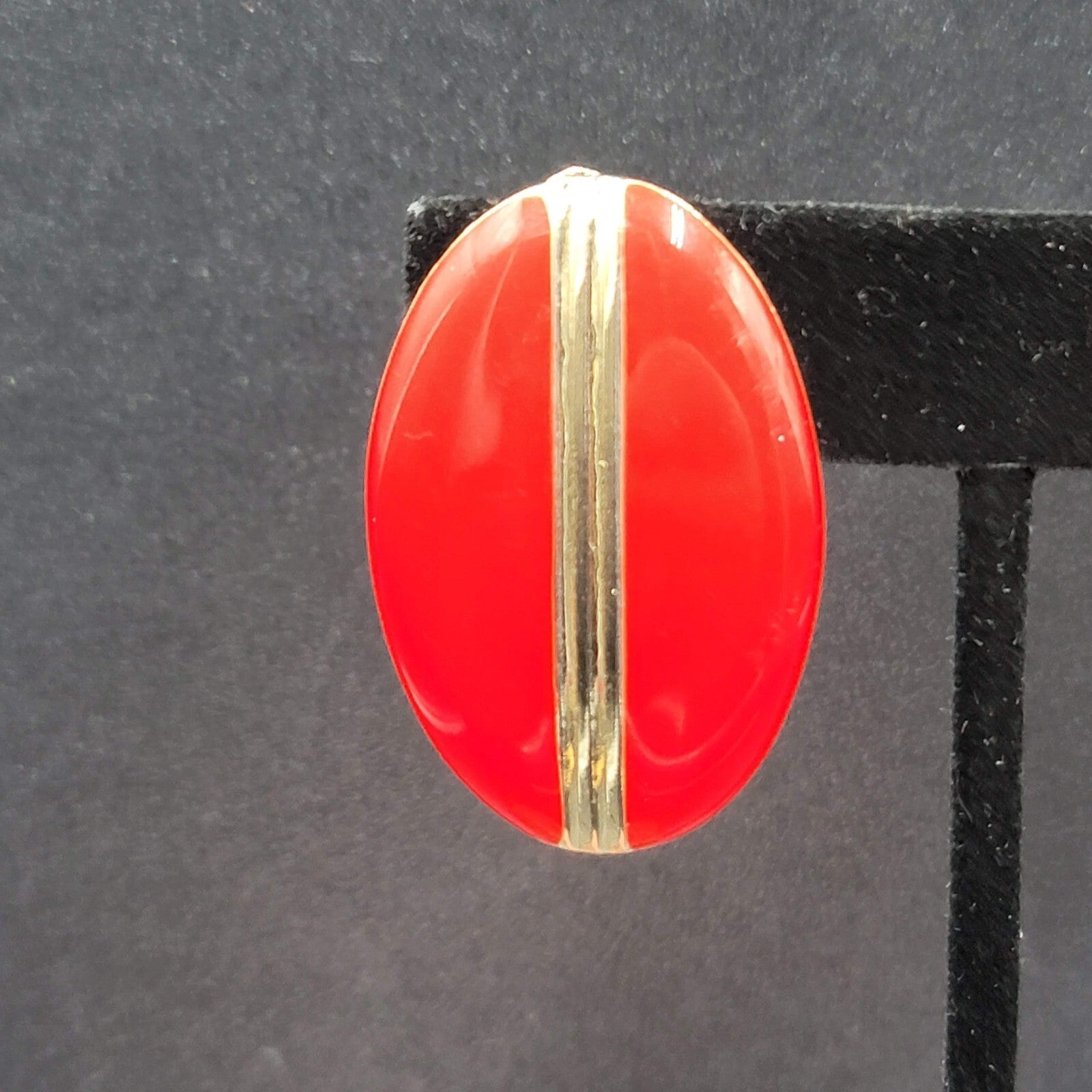 Vintage Clip on Earrings Red Enamel Gold tone Oval Drop Lightweight 1.5"