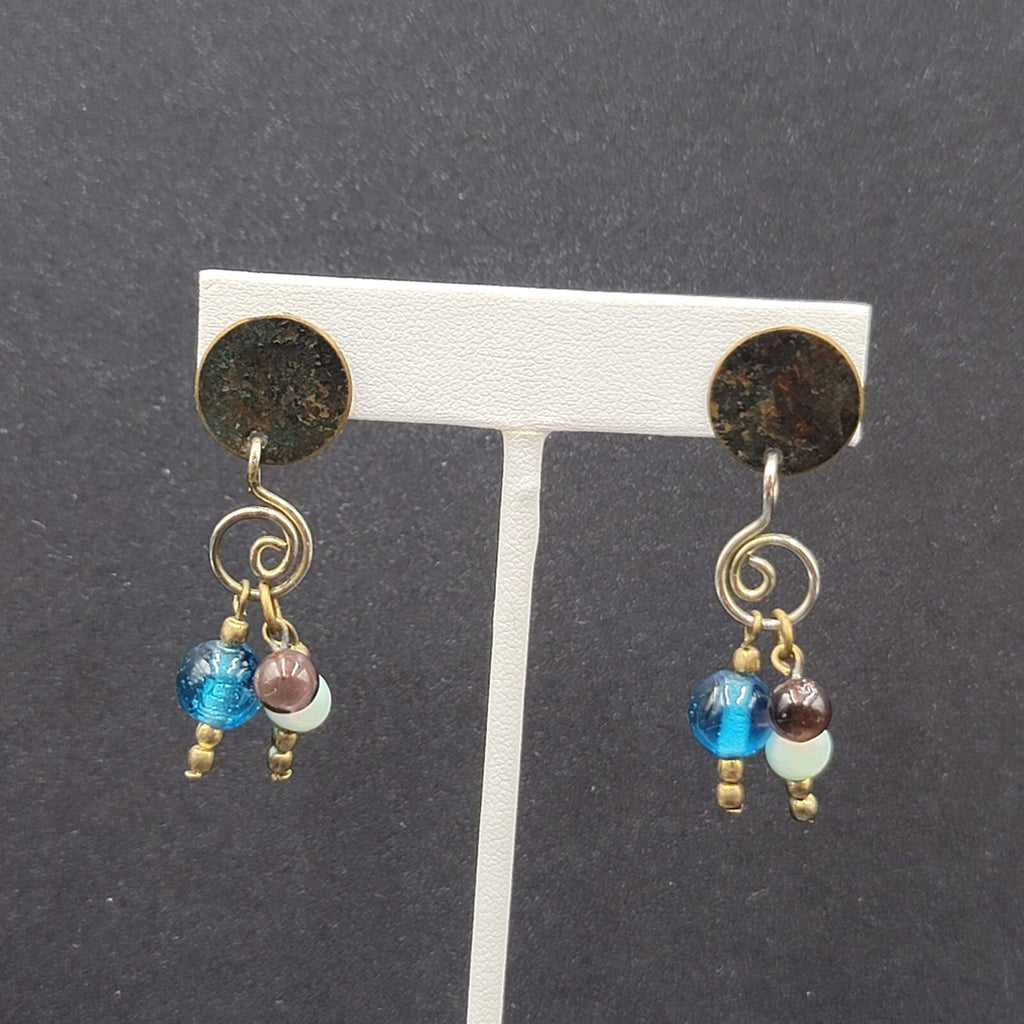 Pierced Earrings Tri tone Metals Glass Bead Modernist Dangle 1.75"