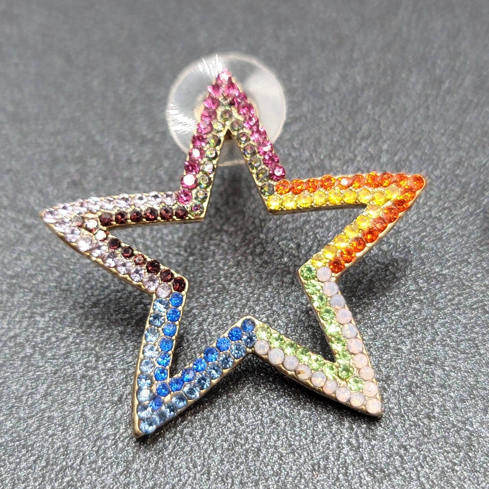 Open Star Pierced Earrings Multicolor Tiny Crystals Drop 1.25"