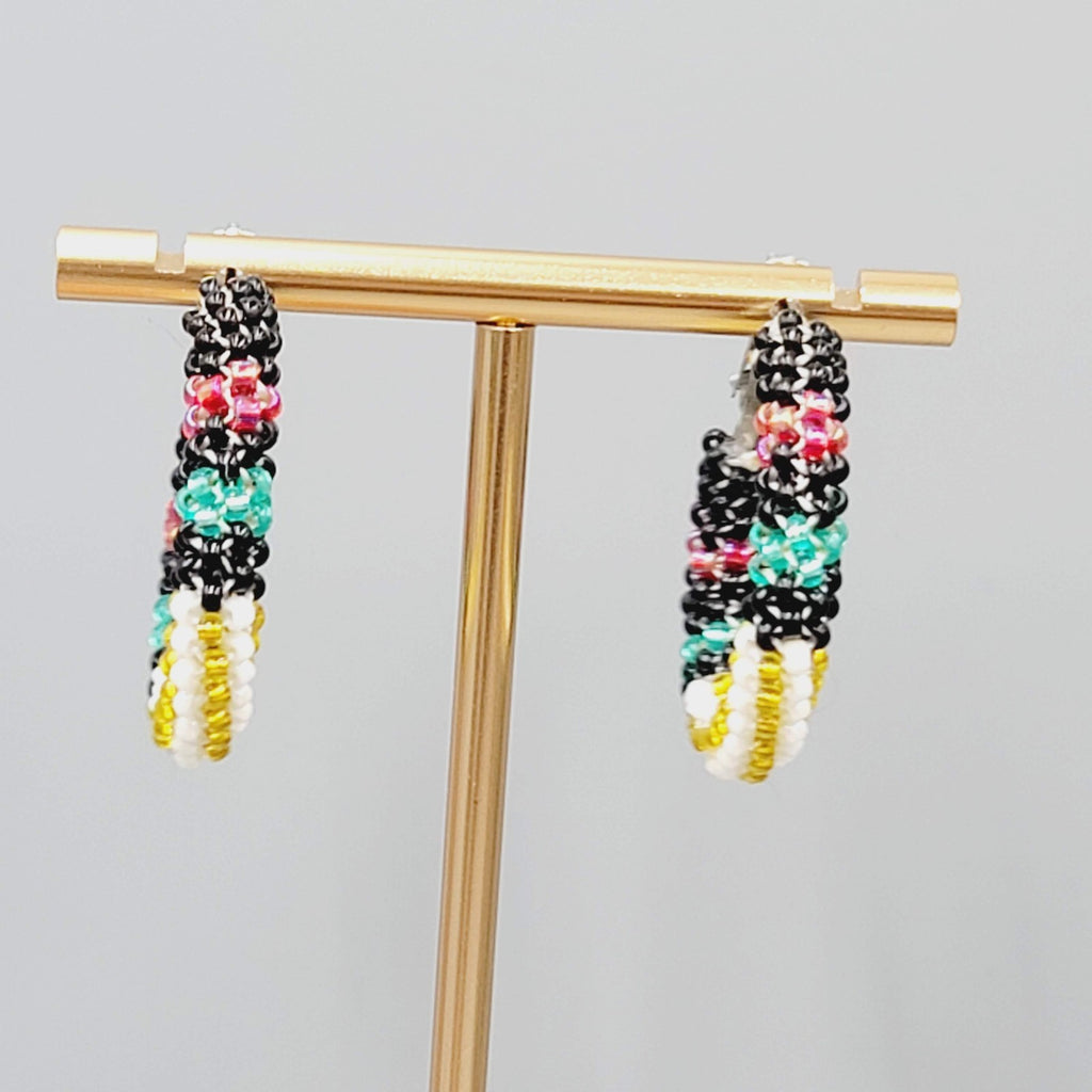 Multicolor Seed Bead Wrapped Hoops Pierced Earrings Silver tone 1.25"
