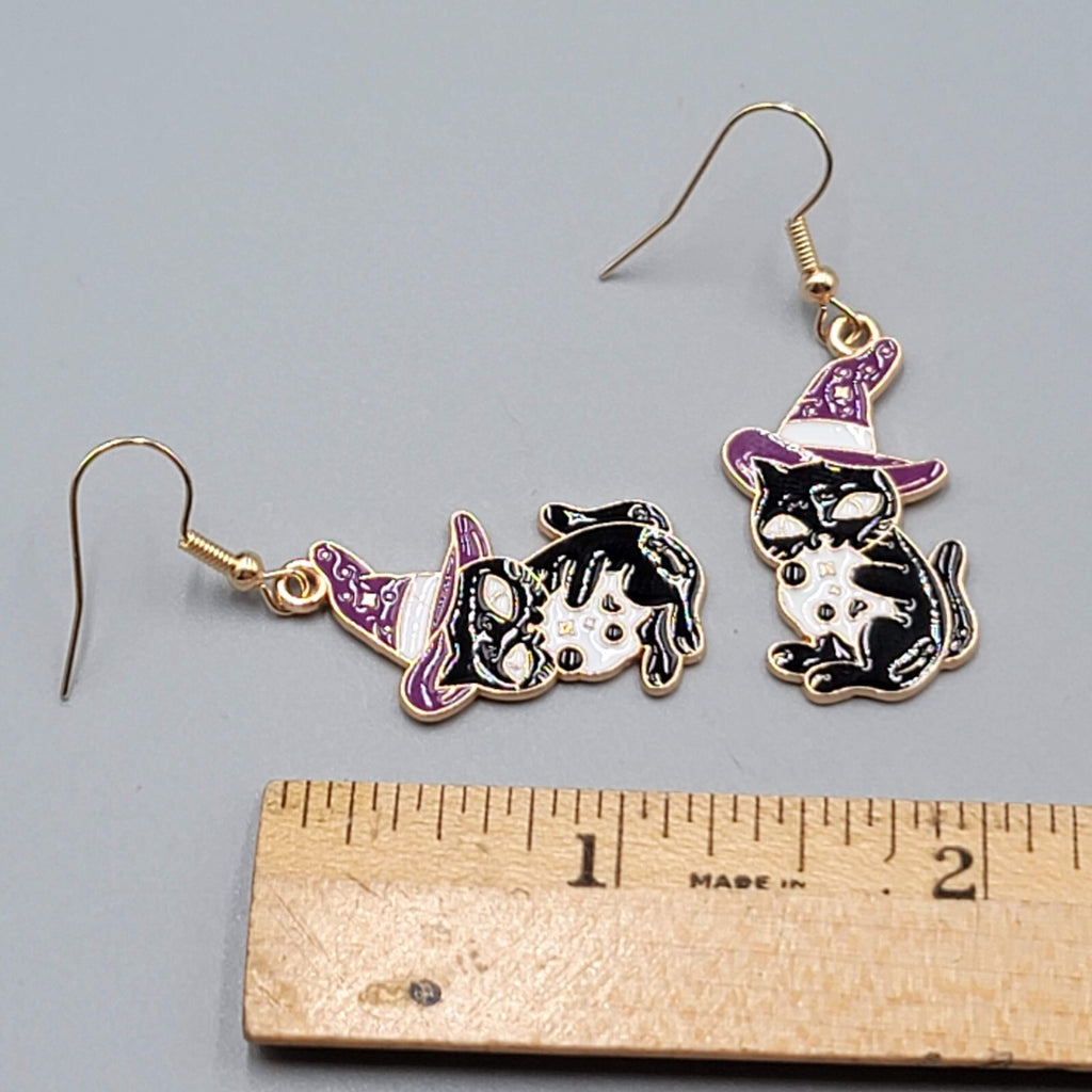 Black Cat Witch Pierced Earrings Enamel Gold tone Dangle New 1.25"