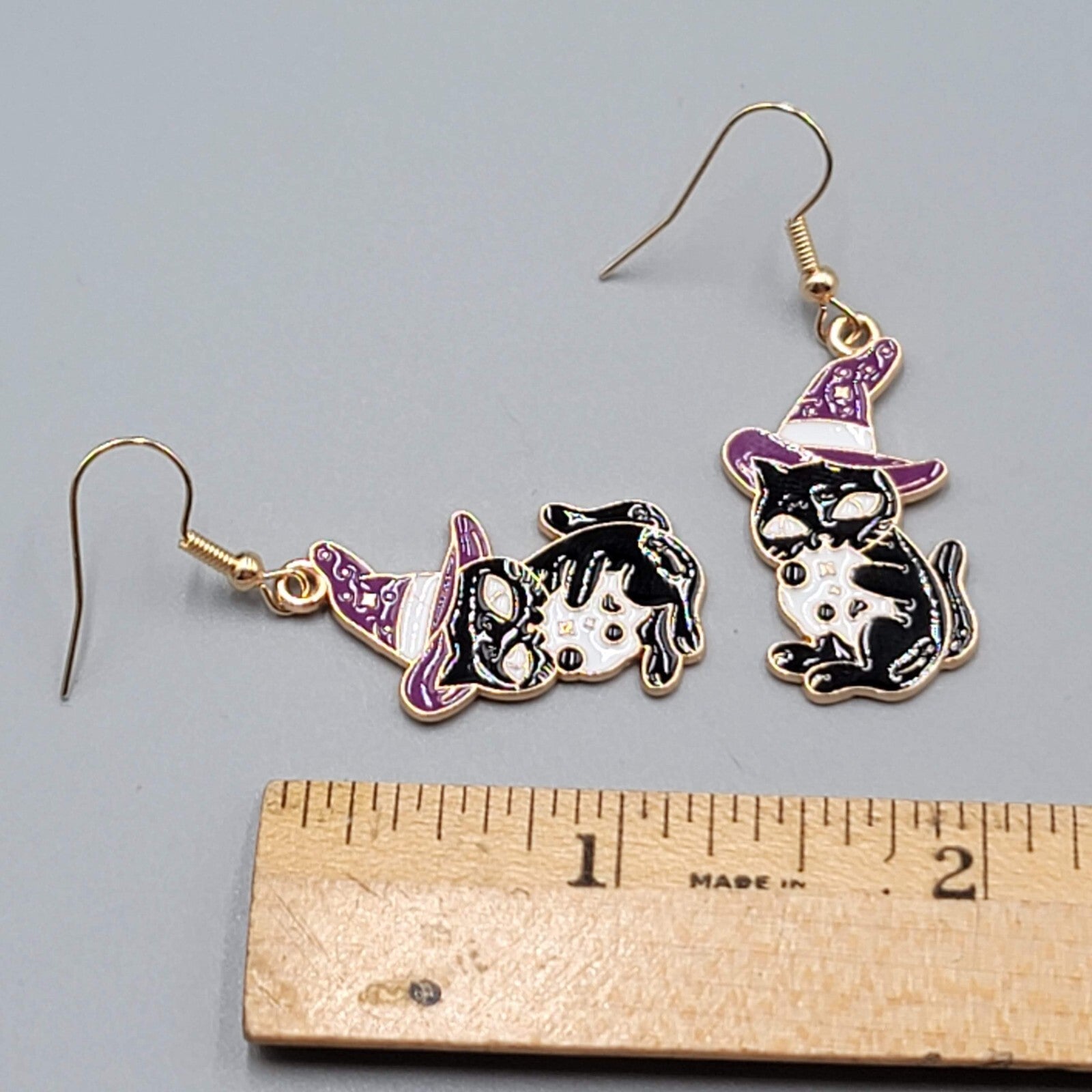 Black Cat Witch Pierced Earrings Enamel Gold tone Dangle New 1.25"