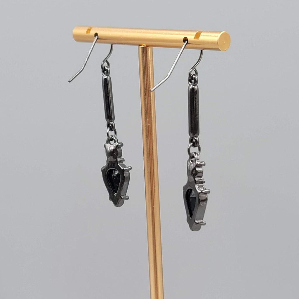Black Metal Rhinestone Pierced Earrings Dangle 1.75 in