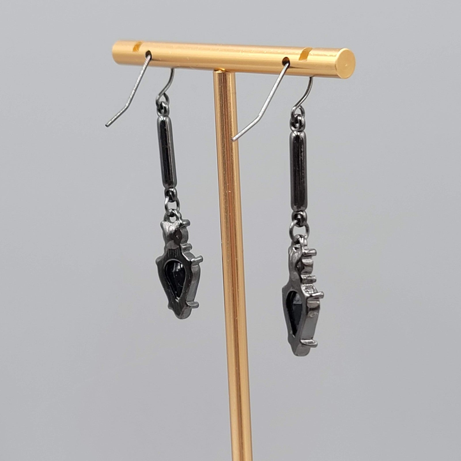 Black Metal Rhinestone Pierced Earrings Dangle 1.75 in