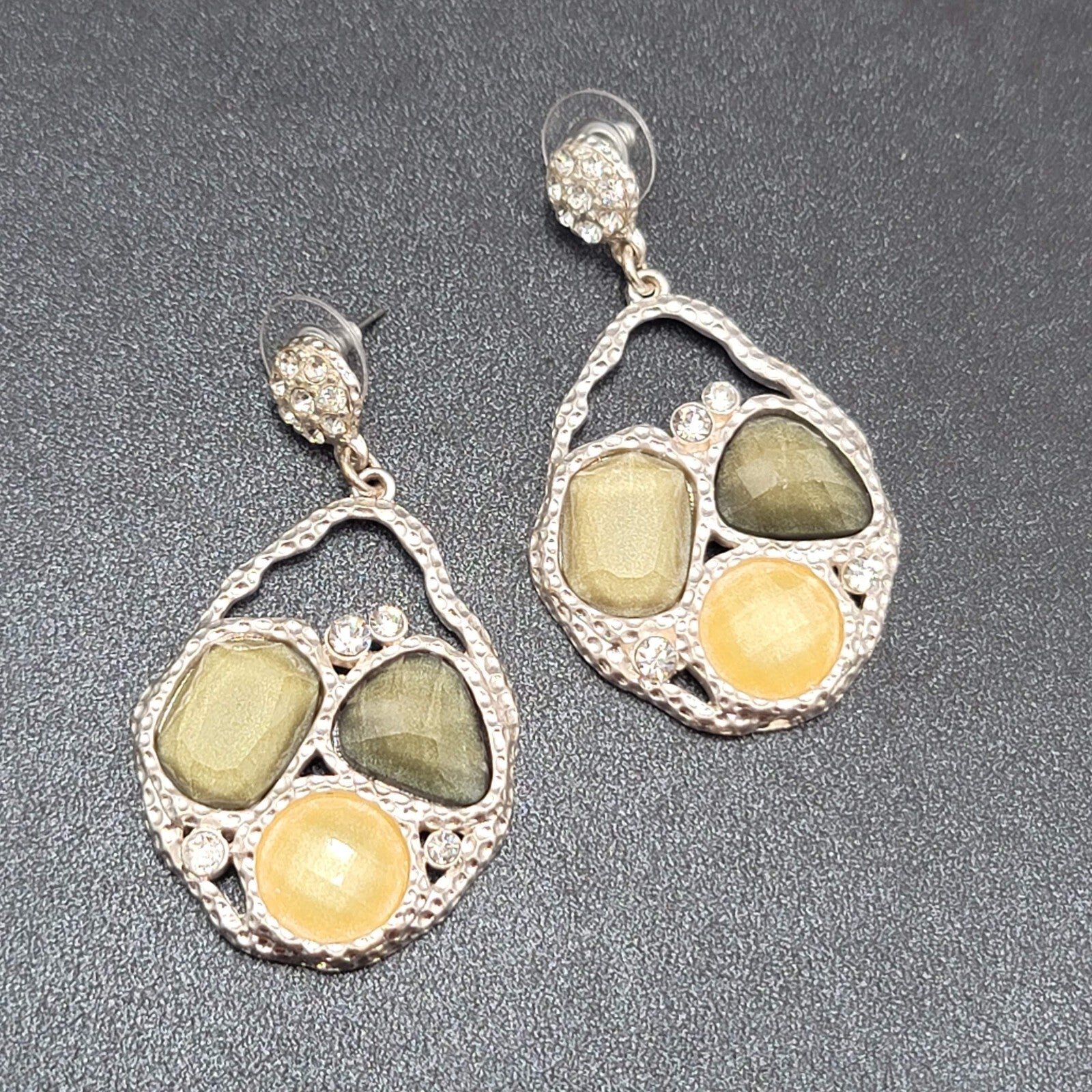 Pierced Earrings Silver tone Green Acrylic Rhinestone Statement Dangle 2.25"