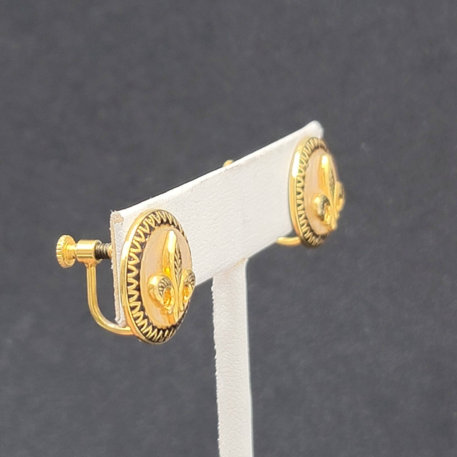 Vintage Clip on Earrings Gold tone Fleur Di Lis Mother of Pearl 5/8" Screw Back