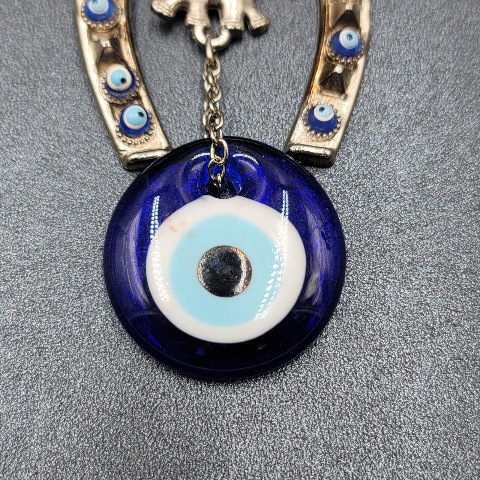 Horse Shoe Elephant Turkish Blue Evil Eye Amulet Car Charm Wall Hanging 7"