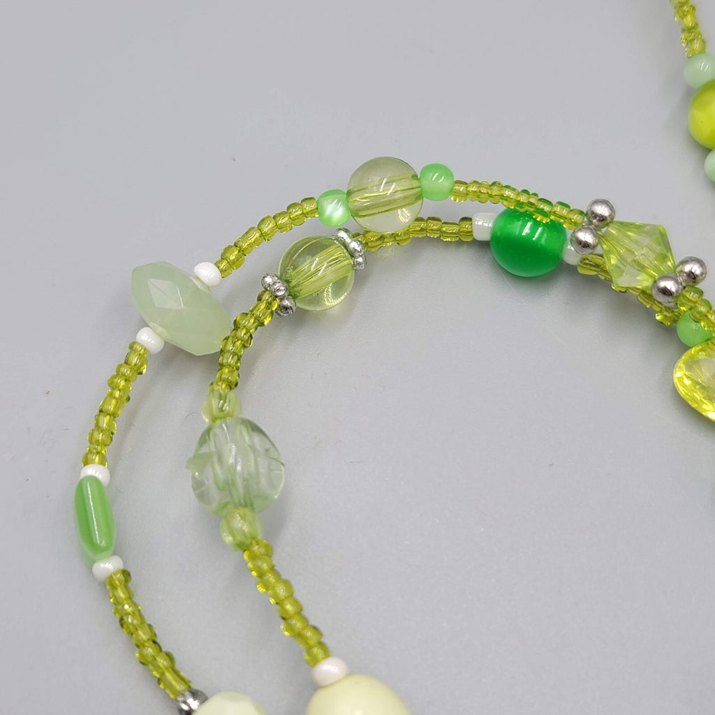 Green Bead Lanyard Necklace Silver tone Keychain Necklace 32" Magnet Closure