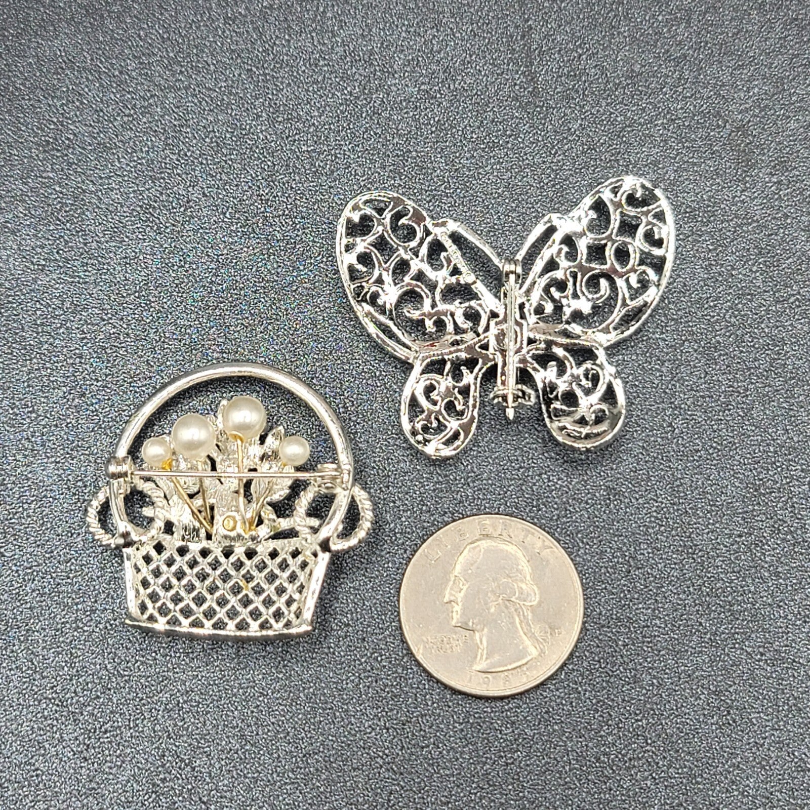 Vintage Brooch Lot of 2 Silver tone Basket of Flowers Filigree Butterfly