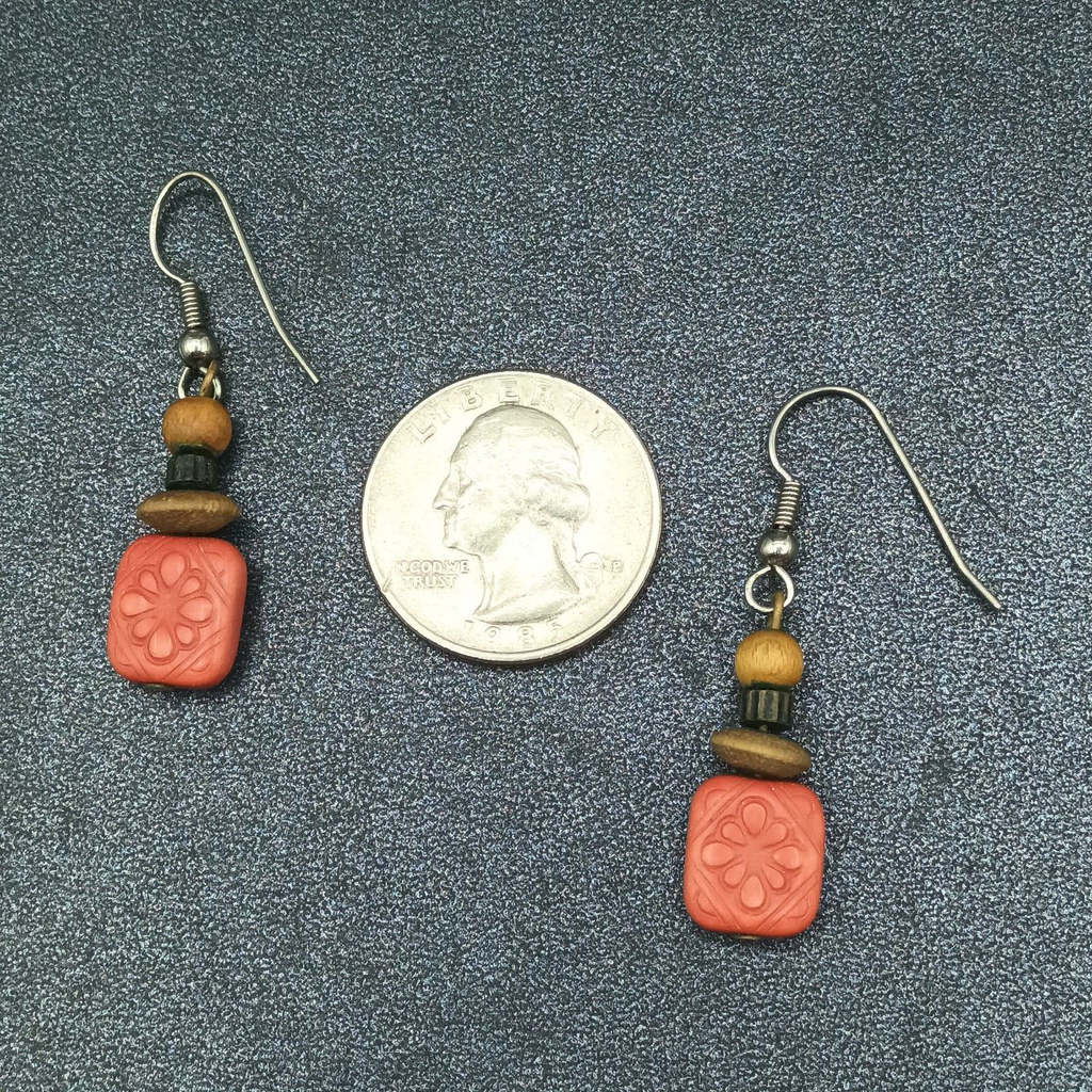 Pierced Earrings Silver tone Hook Red Plastic Flower Wood Bead Dangle 1"