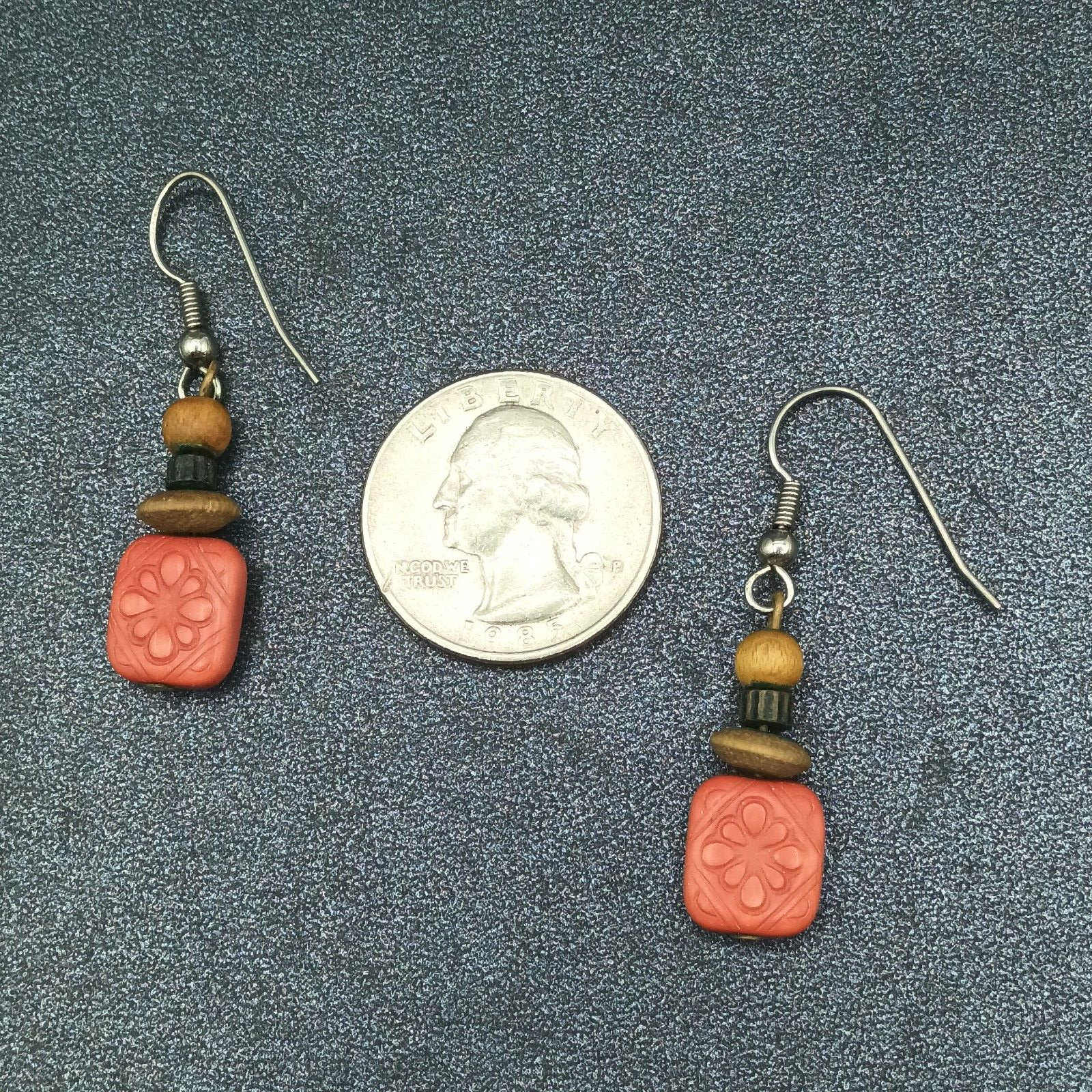 Pierced Earrings Silver tone Hook Red Plastic Flower Wood Bead Dangle 1"