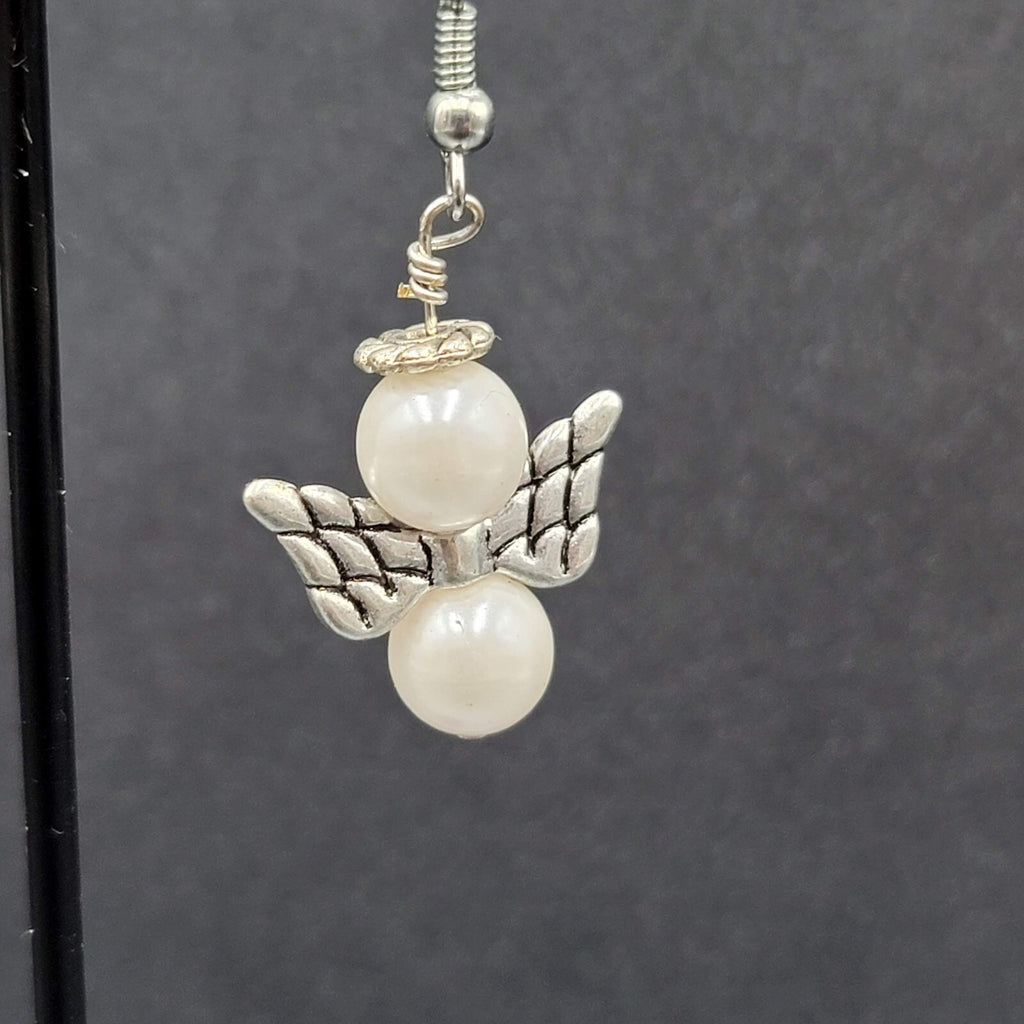 Angel Pierced Earrings Silver tone White Bead Dangle  1"