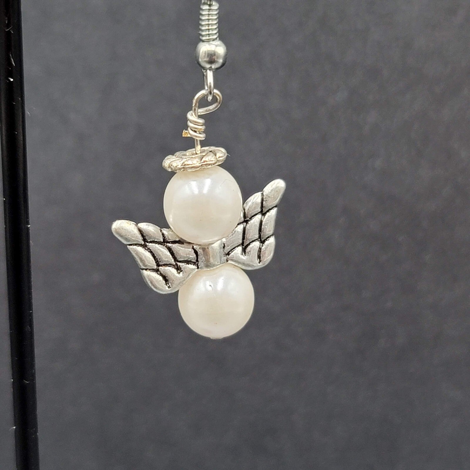 Angel Pierced Earrings Silver tone White Bead Dangle  1"
