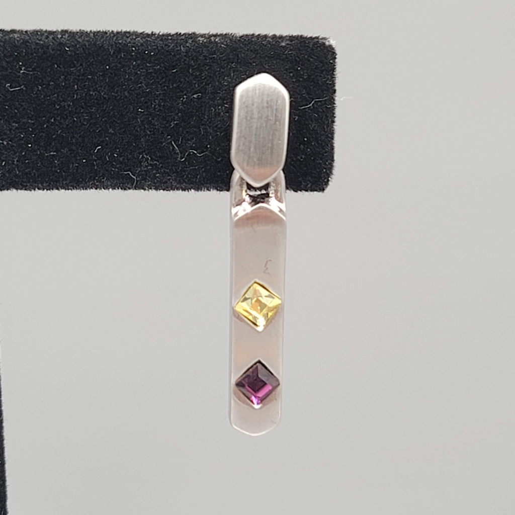 Pierced Earrings Silver tone Yellow Purple Crystal Dangle 1.25"