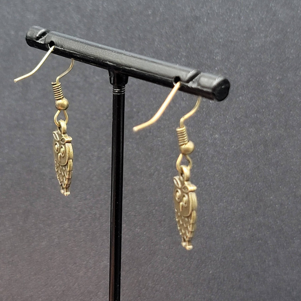 Owl Pierced Earrings Embossed Bronze tone Dangle 3/4"