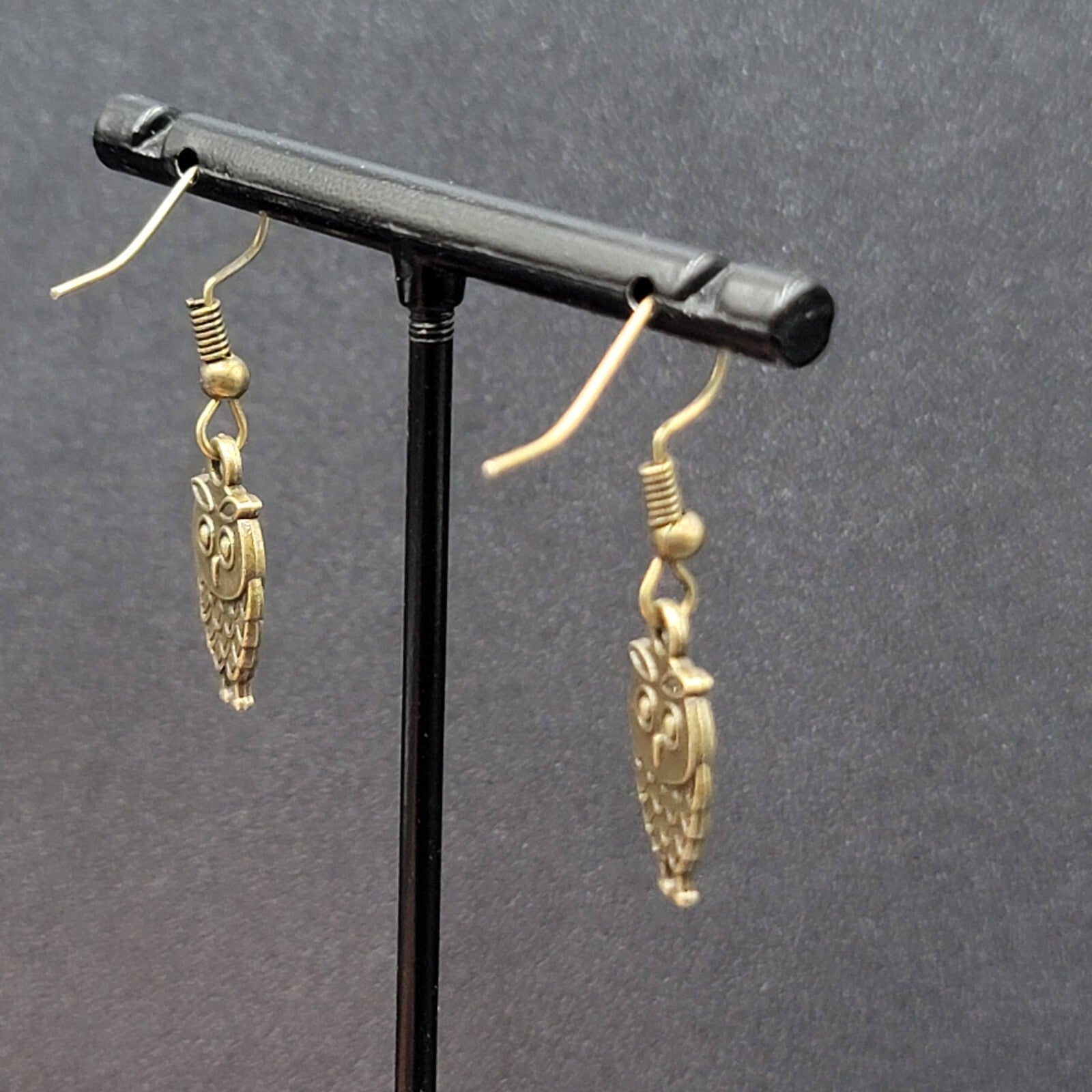 Owl Pierced Earrings Embossed Bronze tone Dangle 3/4"