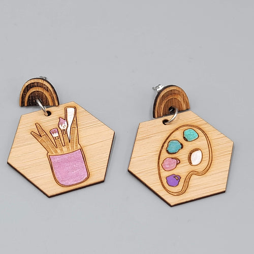 Artist Wood Pierced Earrings Engraved Paint Supplies Dangle 2"