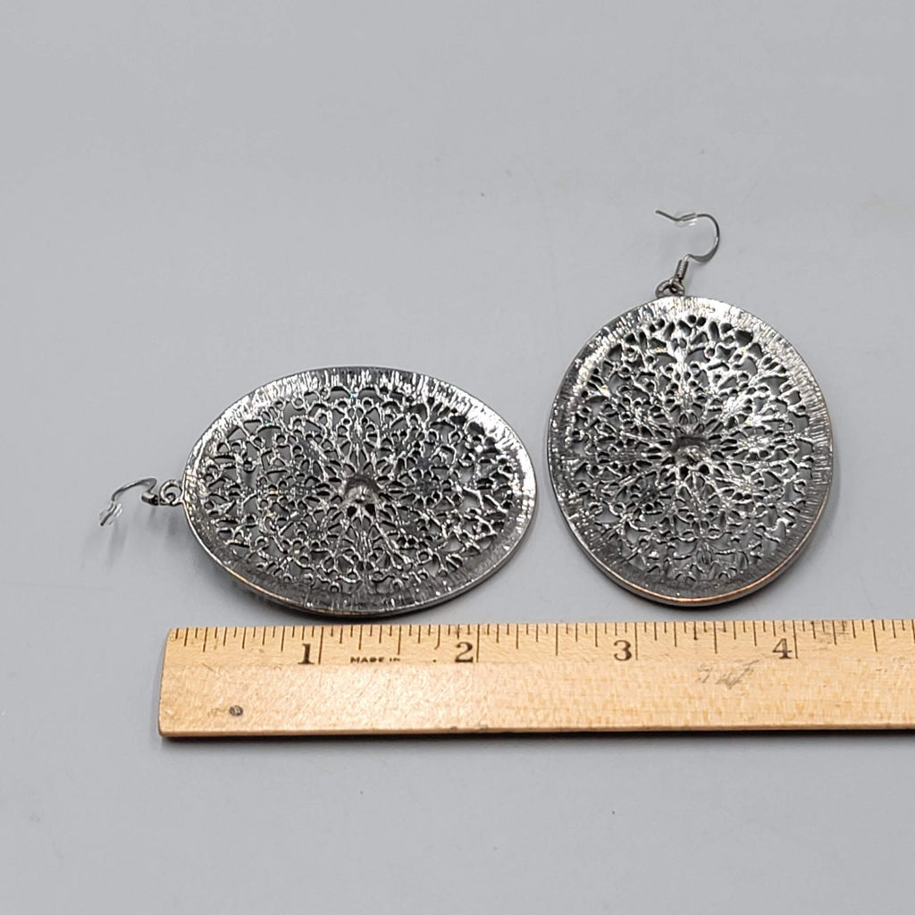 Large Medallion Pierced Earrings Black Metal Rhinestone Open Oval Dangle 2.5 in