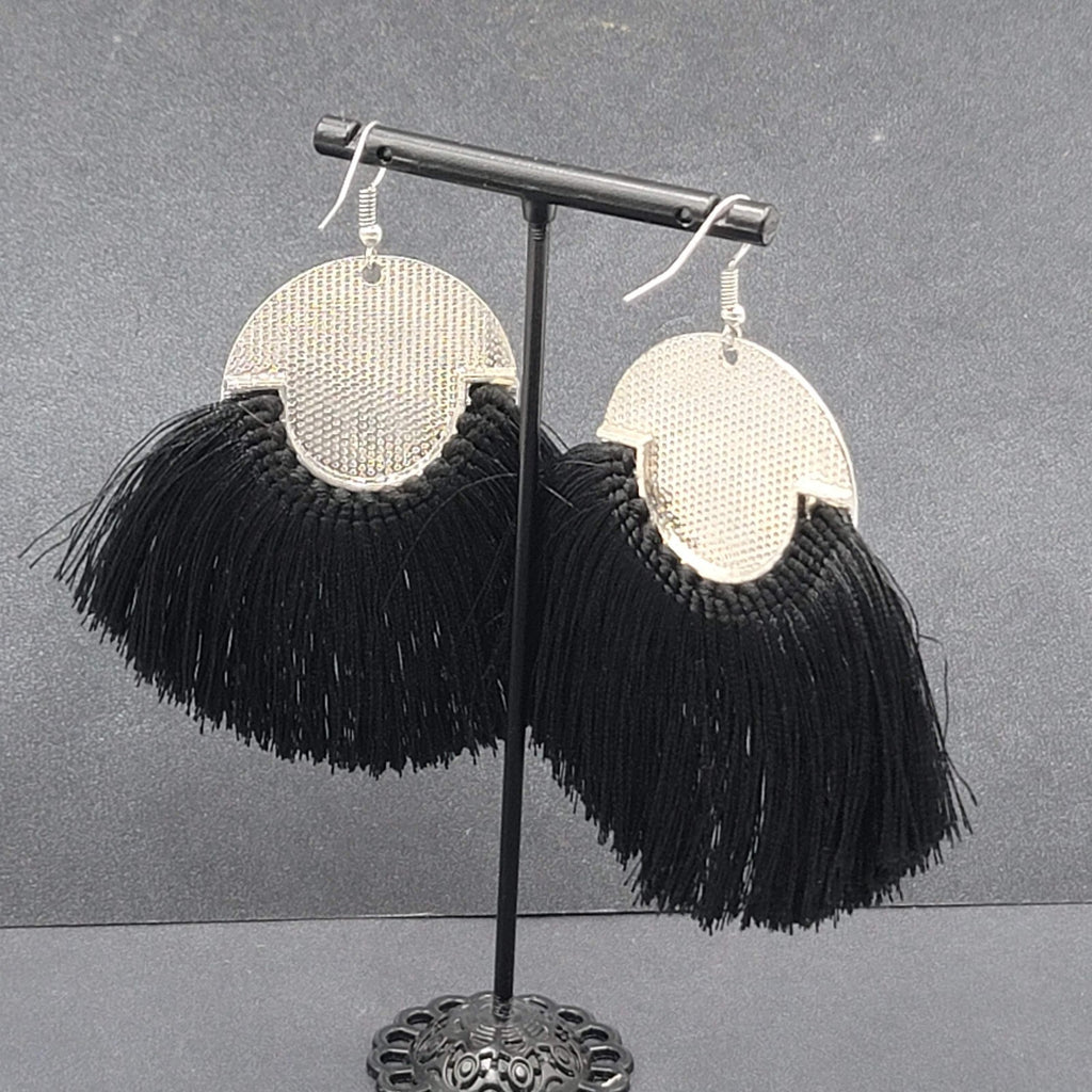 Pierced Earrings Silver tone Black Tassel Statement Dangle 2.5"