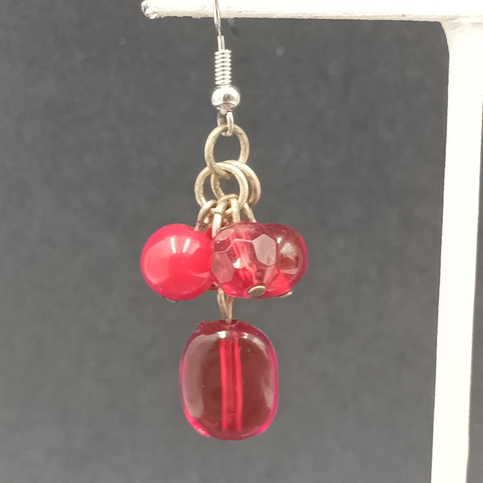Pierced Earrings Red Acrylic Bead Cluster Silver tone Hook Dangle 1 3/8"