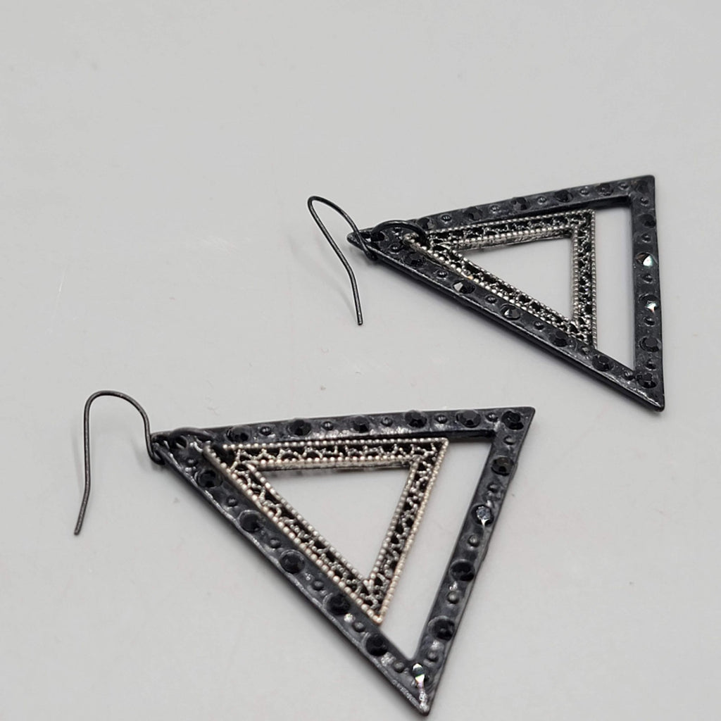 Black Enamel Double Triangle Pierced Earrings Dangle 1.75"