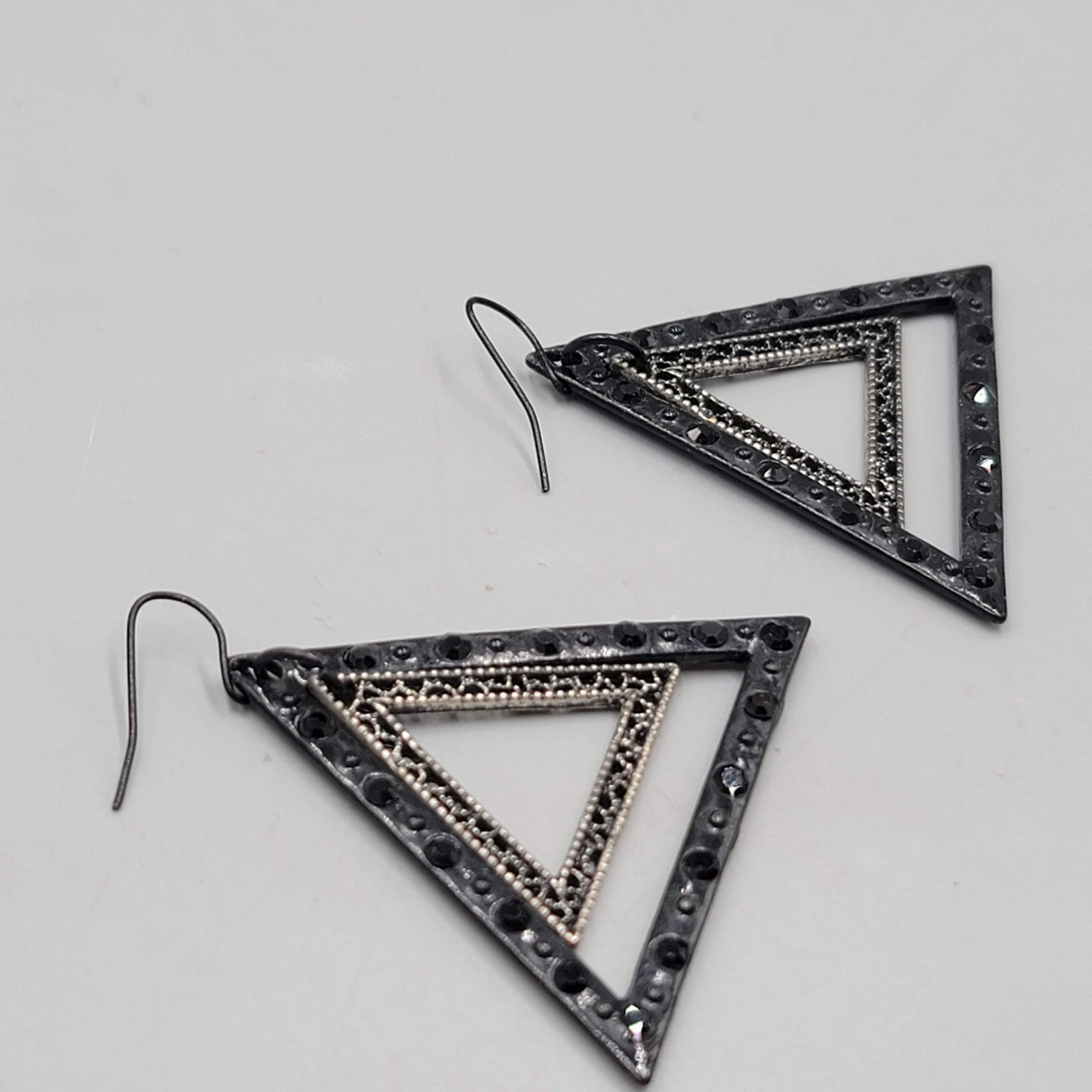 Black Enamel Double Triangle Pierced Earrings Dangle 1.75"