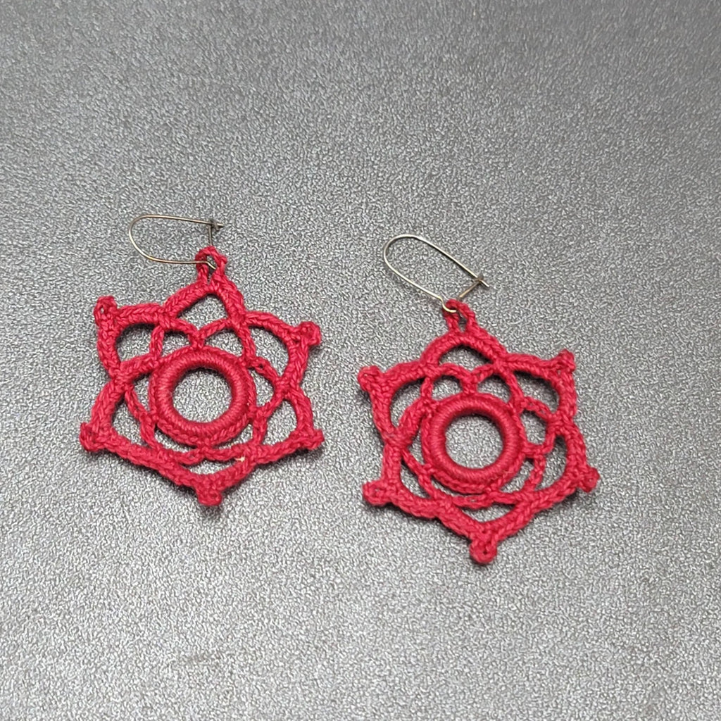 Pierced Earrings Hand Knitted Dangle Maroon Red 1.5"