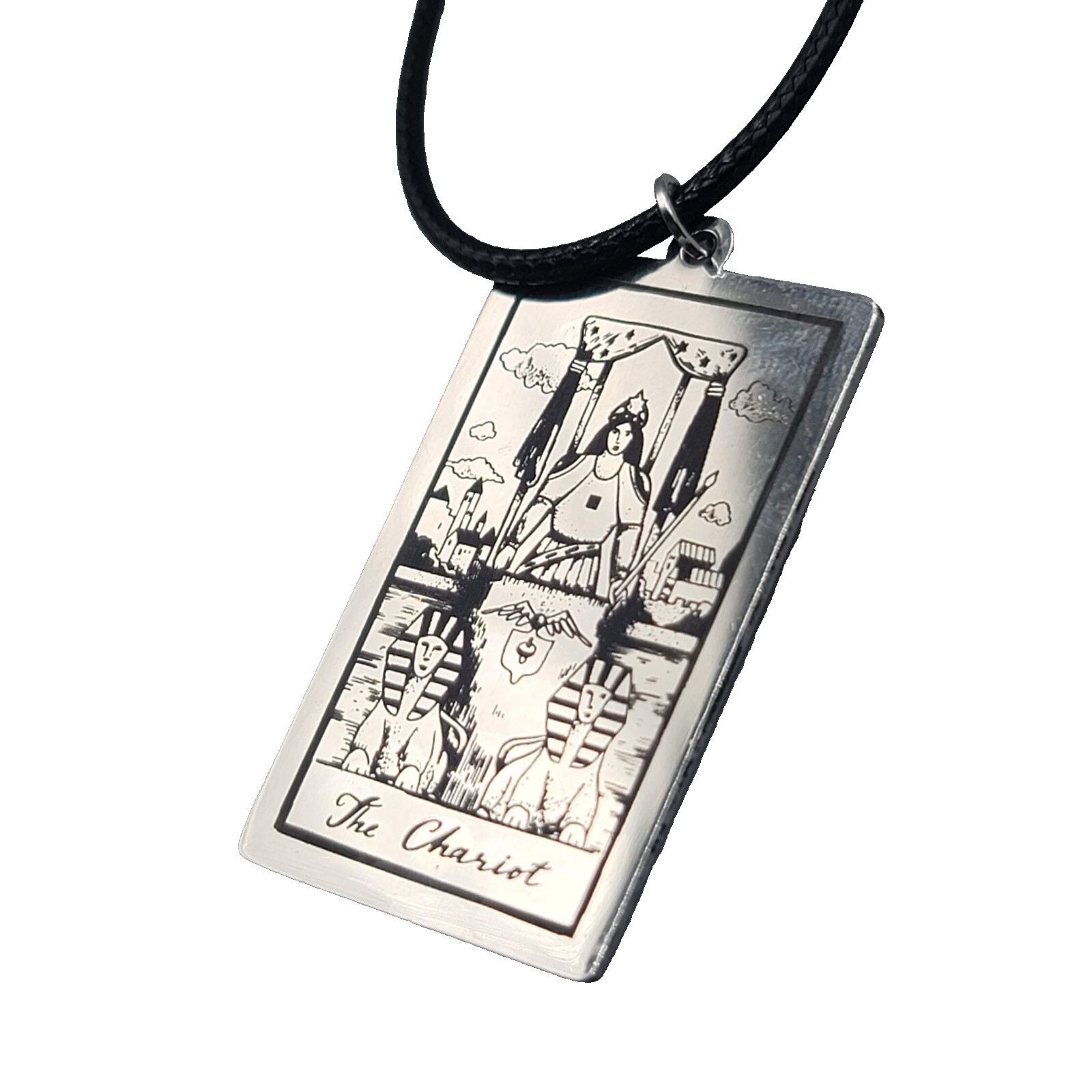 The CHARIOT Tarot Card Pendant Necklace Major Arcana Silver tone Black Cord 18" 