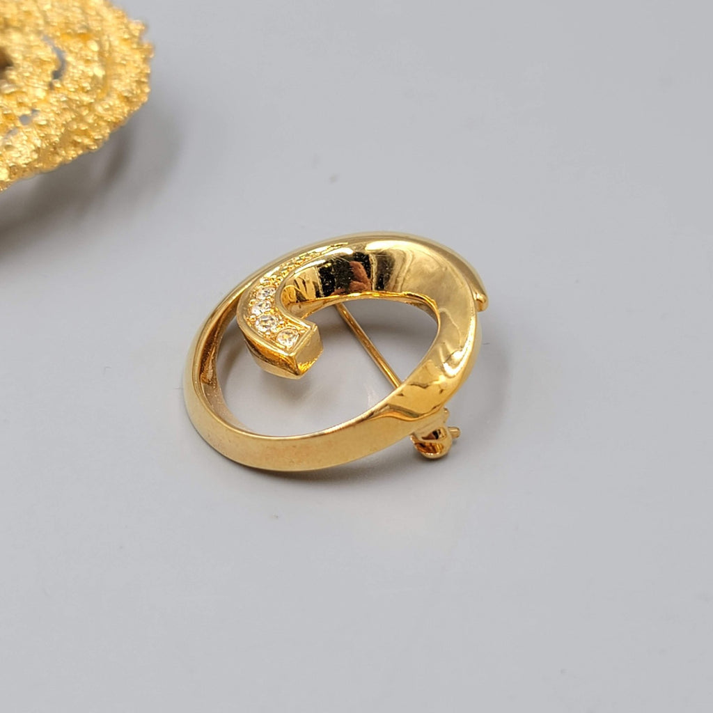 Vintage Gold Tone Circle Brooch Pin Lot of 2 Textured Swirl Rhinestone