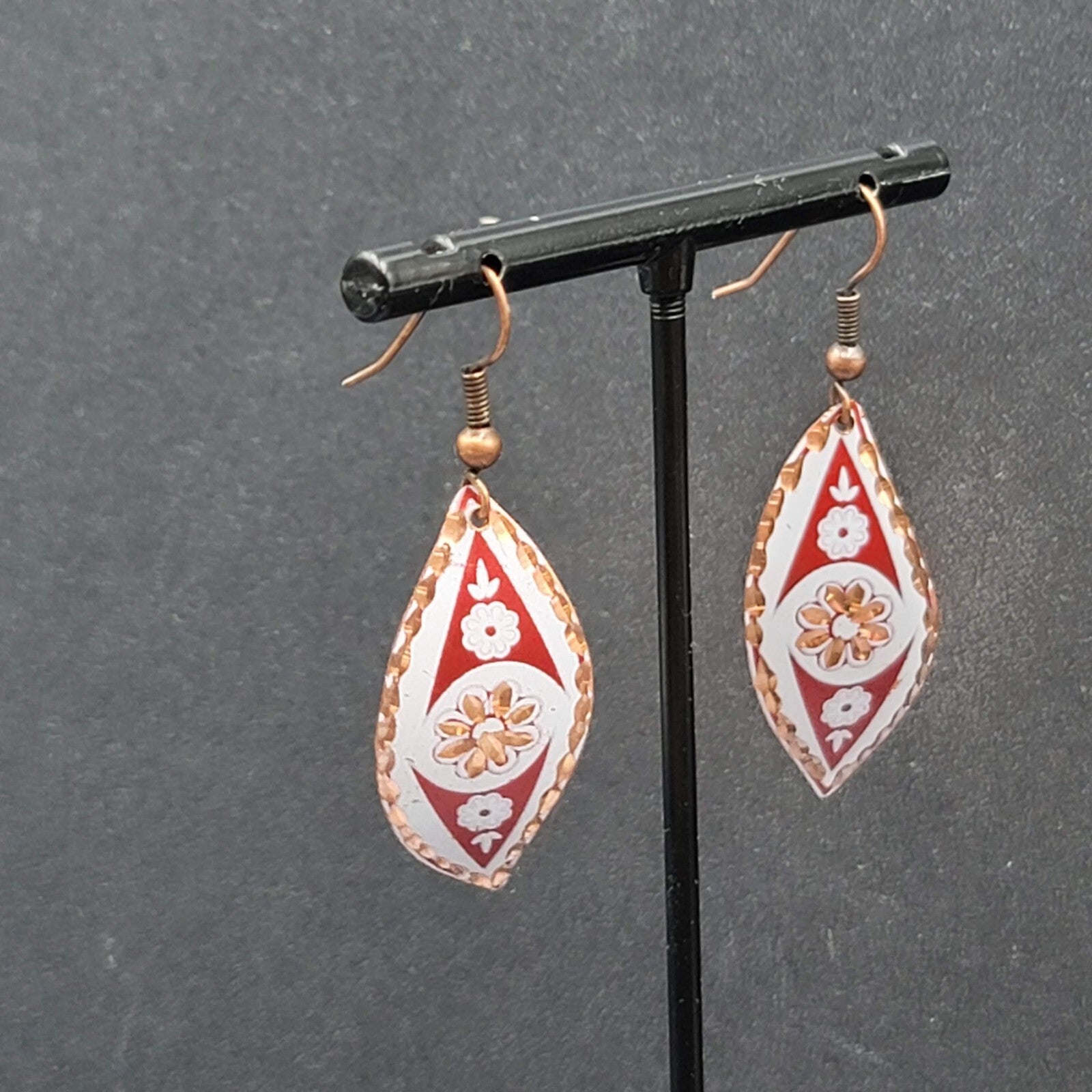 Pierced Earrings Copper Laser Cut Red White Design Dangle 1.5"