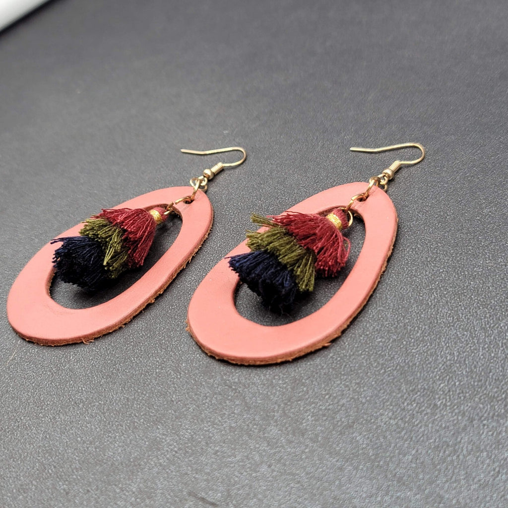 Pierced Earrings Dusty Rose Pink Leather Teardrop Tassel Boho Art  2.5"