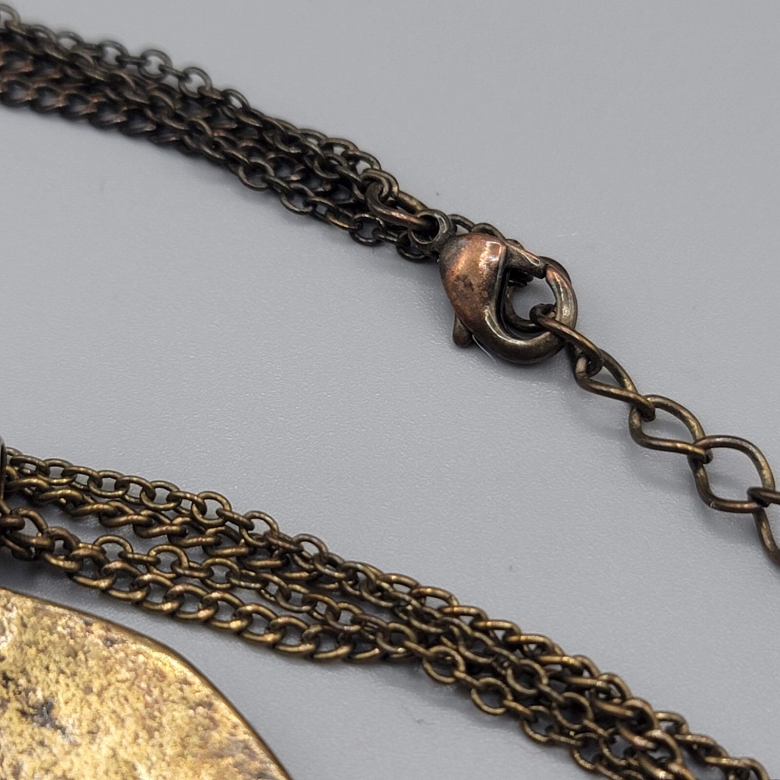 Large Medallion Pendant Necklace Bronze tone Yellow Glass 28"-31" Double Chain