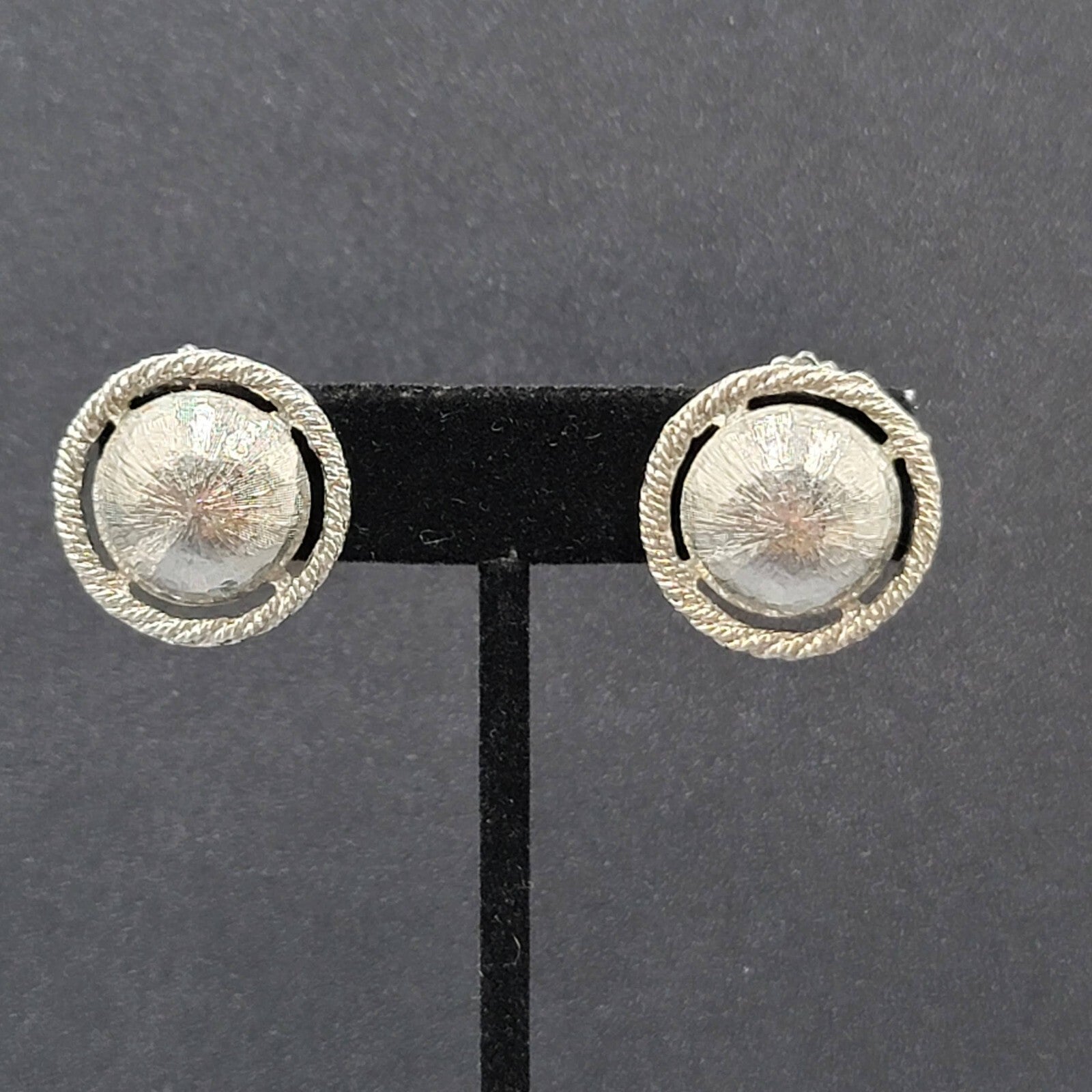 Vintage Clip on Earrings Textured Dome Silver tone 1"
