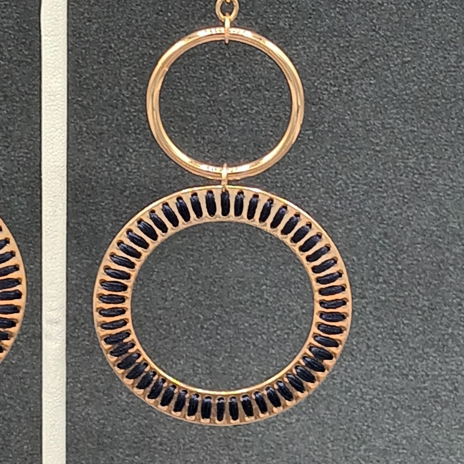 Pierced Earrings Gold tone Dangle Hoops Blue String Accents 2.75"