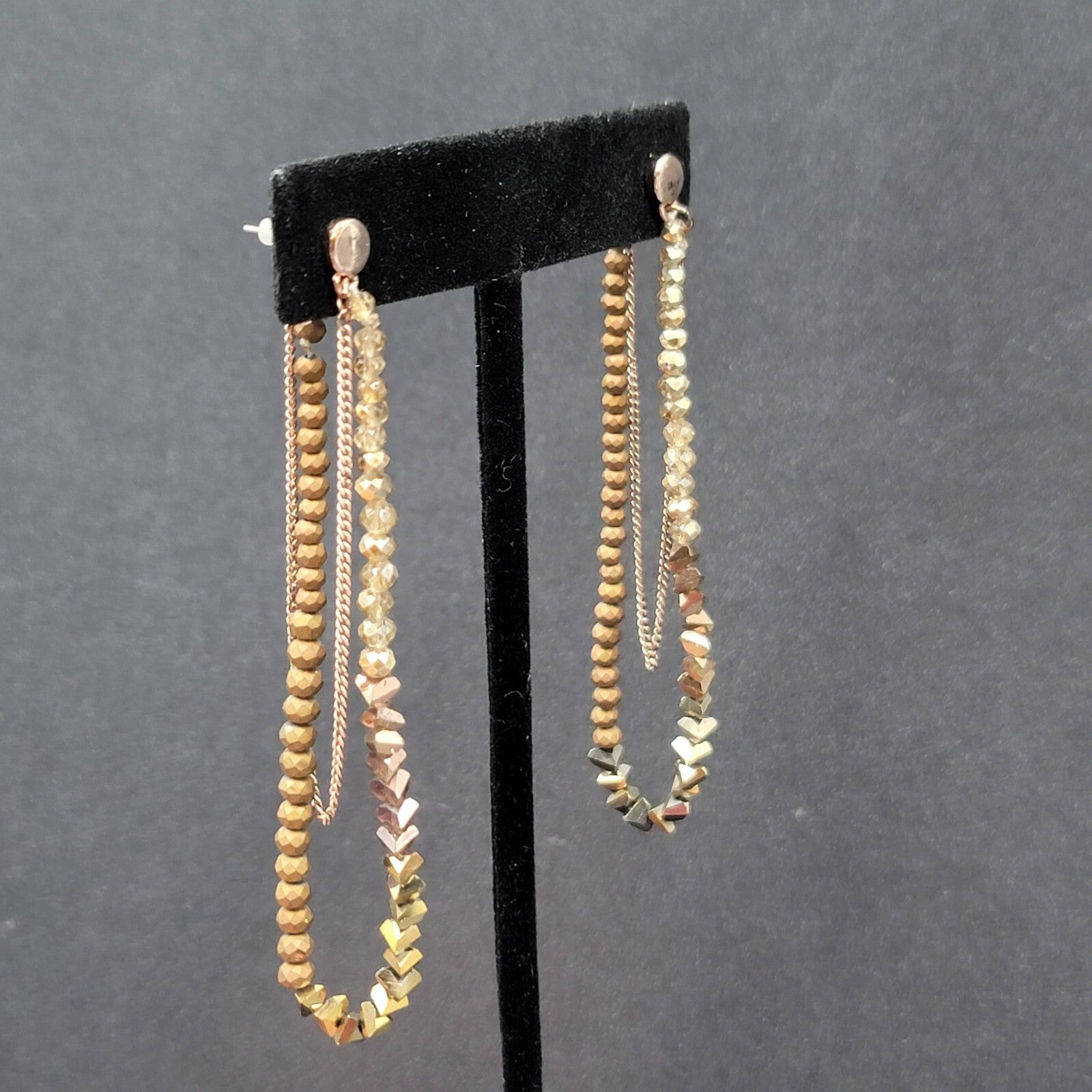 Pierced Earrings Gold tone Small Faceted Beads Dangle Loop To Back 3.25"