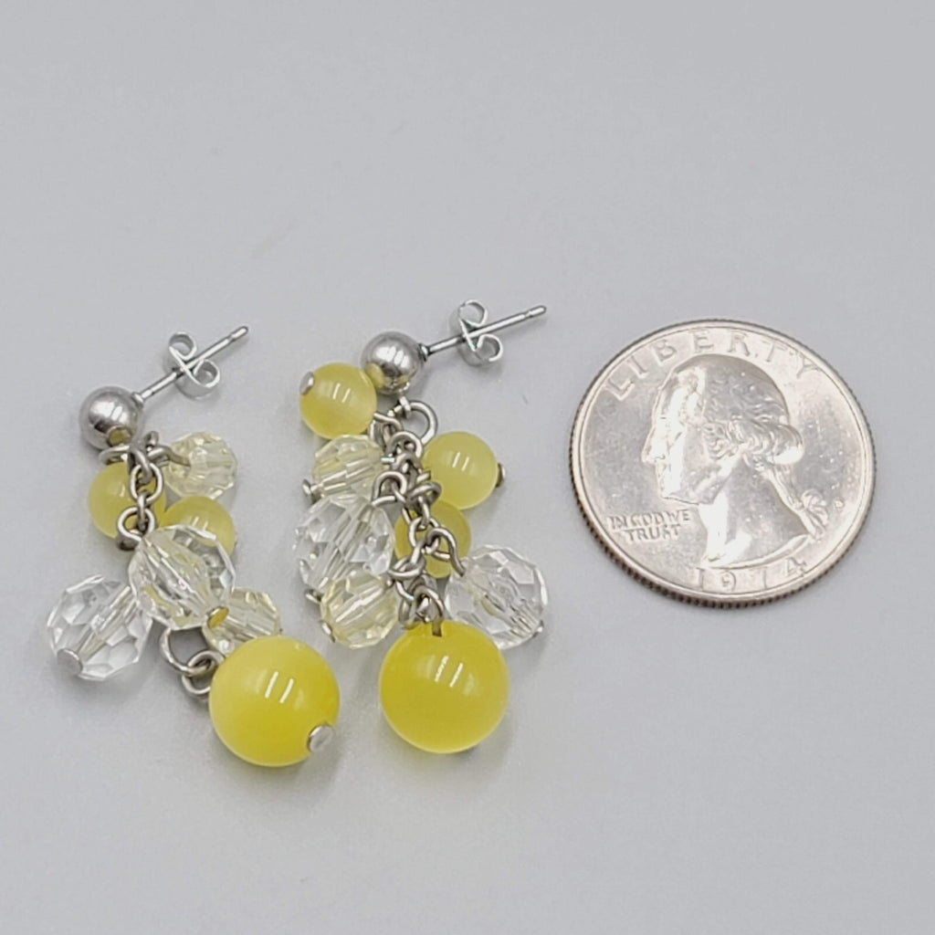 Pierced Earrings Silver tone Yellow Glass Bead Dangle 1.75"