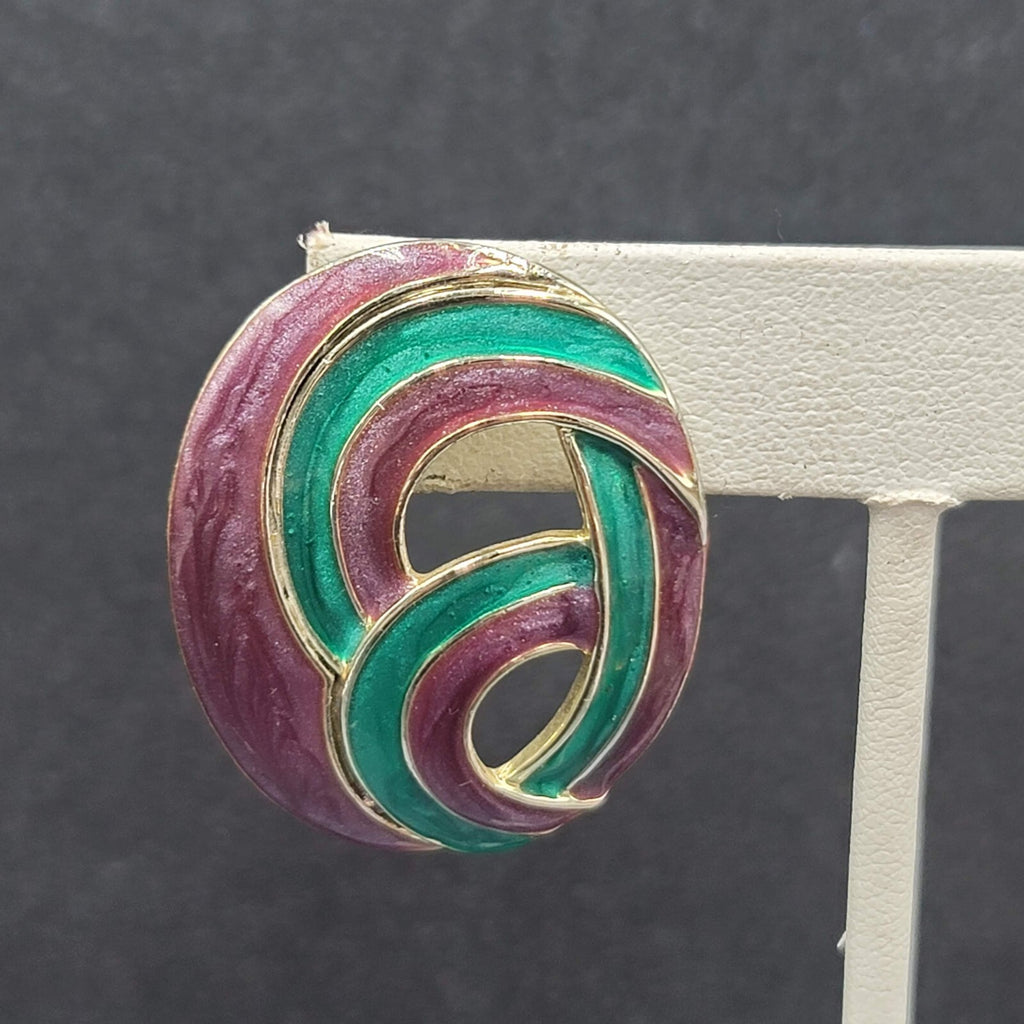 Vintage Pierced Earrings Purple Teal Blue Swirl Enamel Gold tone Drop 1.5"