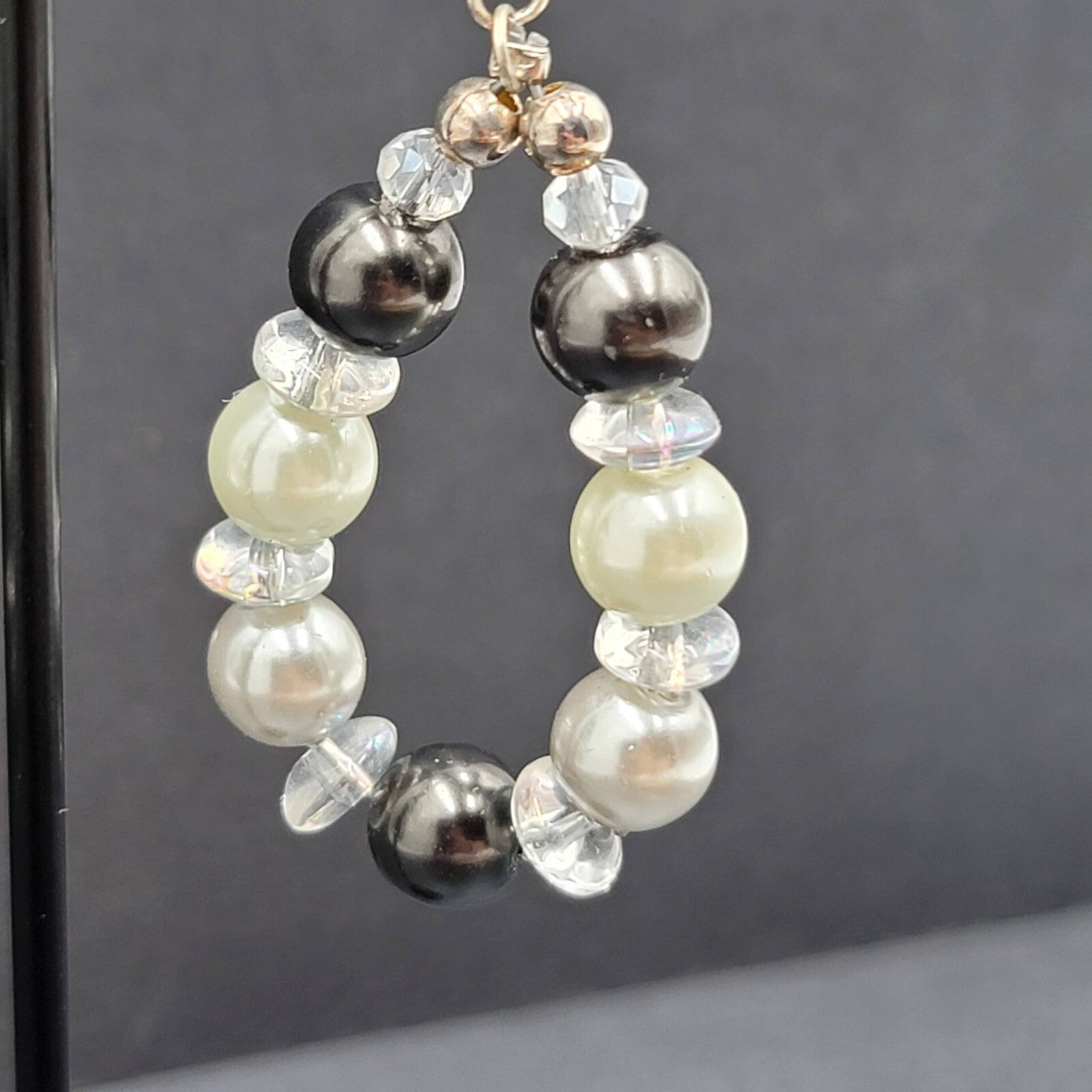 Pierced Earrings Black White Clear Beads Dangle Hoops Silver tone  1.75"