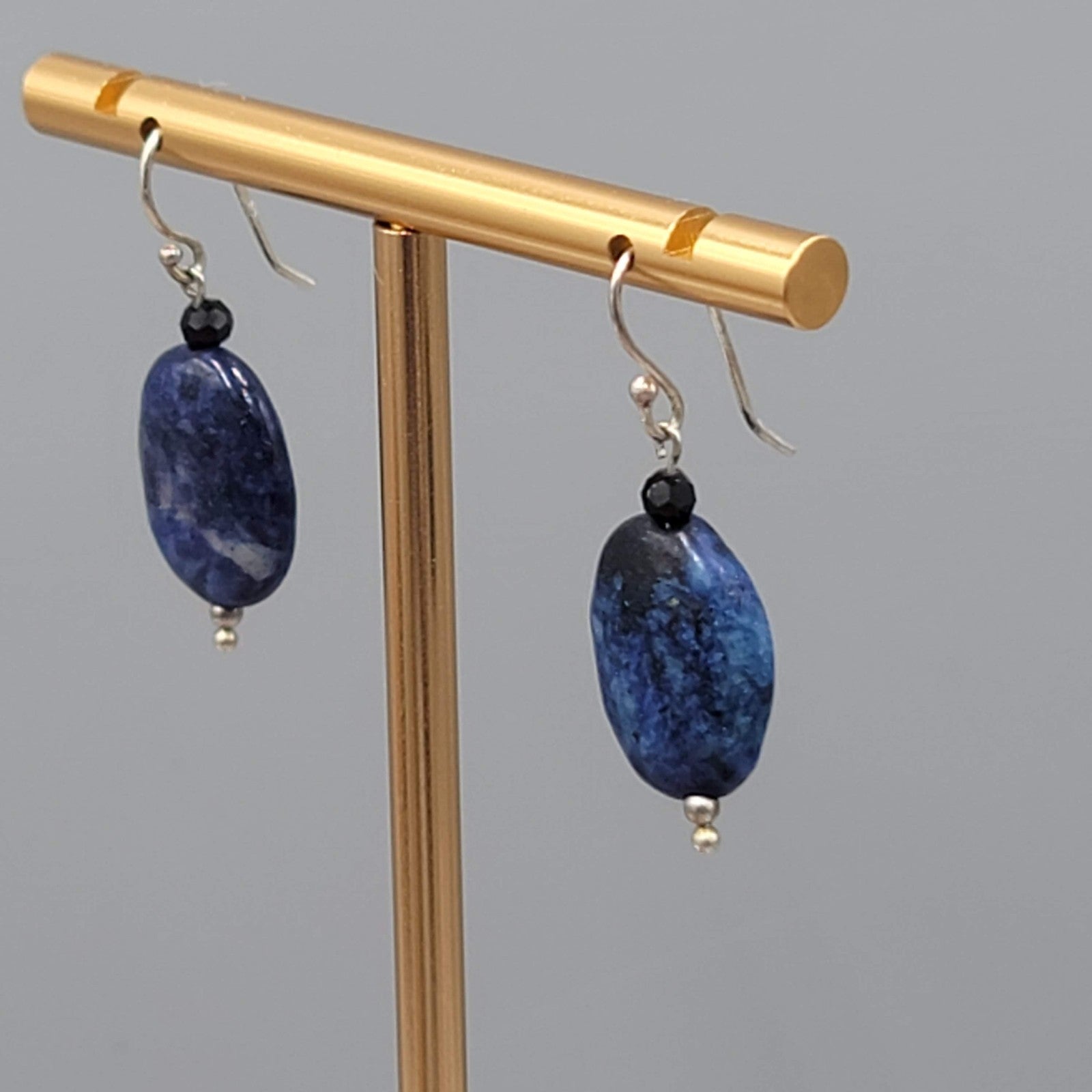 Blue Lapis Oval Stone Bead Pierced Earrings Silver tone Dangle 3/4"