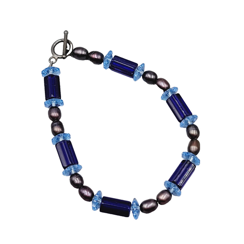 Blue Glass Peacock Pearl Bead Bracelet Toggle Clasp 7 in
